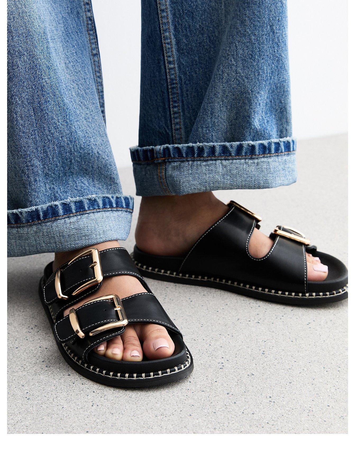  image of new-look-black-faux-leather-whipstitched-sole-sandals