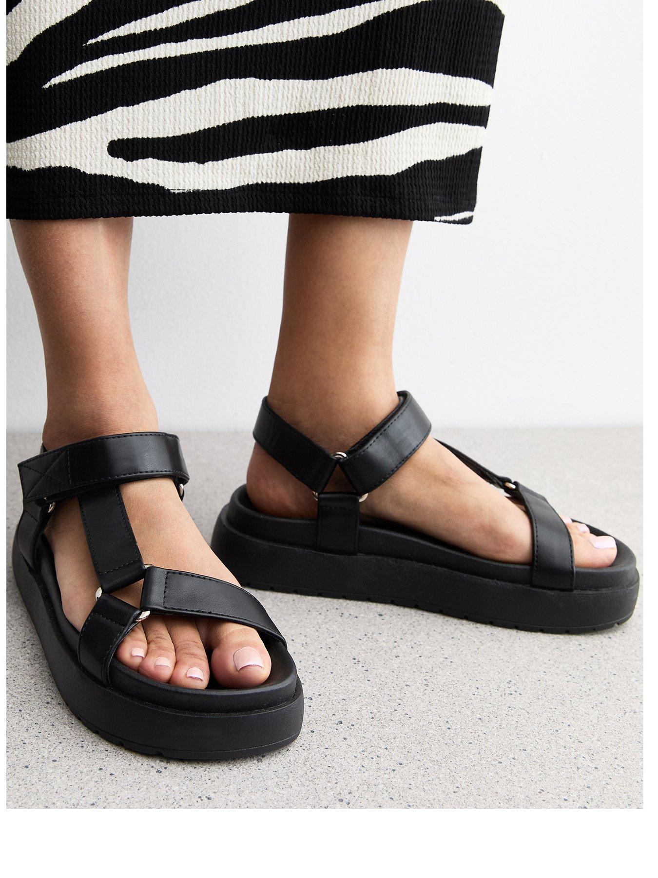 New Look Black Faux Leather Harness Strap Platform Sandals | Littlewoods