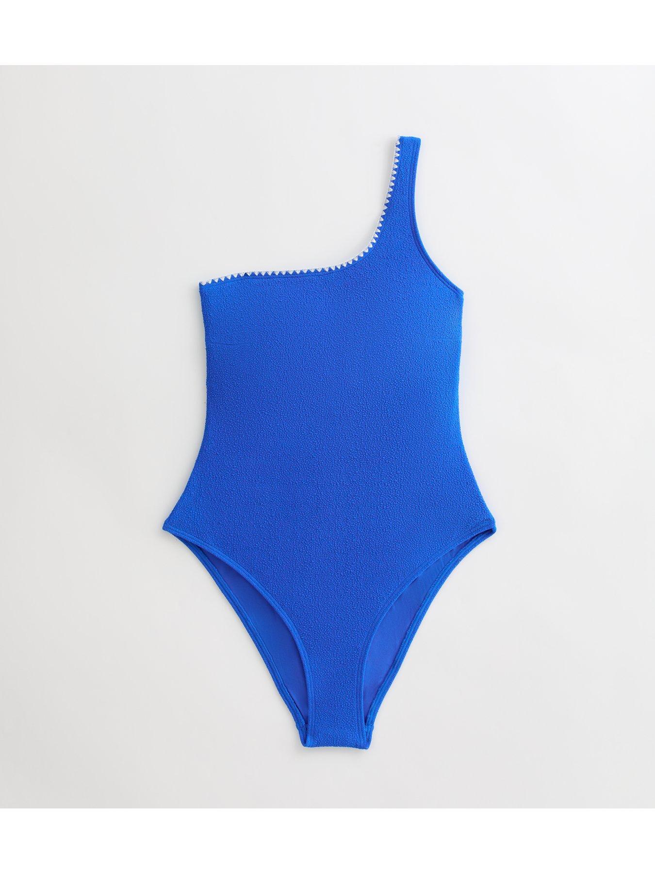 image of new-look-bright-blue-blanket-stitch-one-shoulder-swimsuit