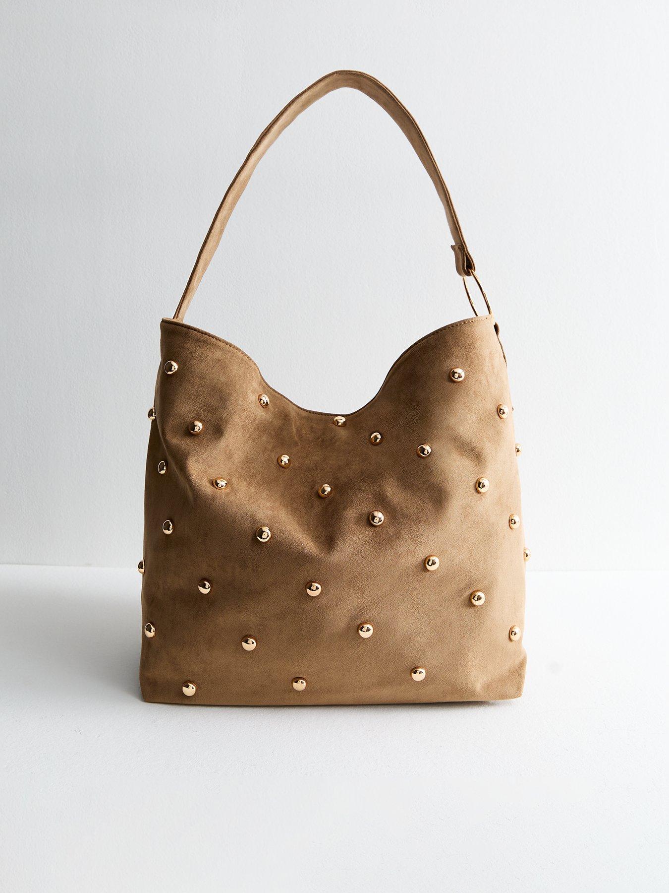  image of new-look-tan-faux-suede-studded-shoulder-bag-brown