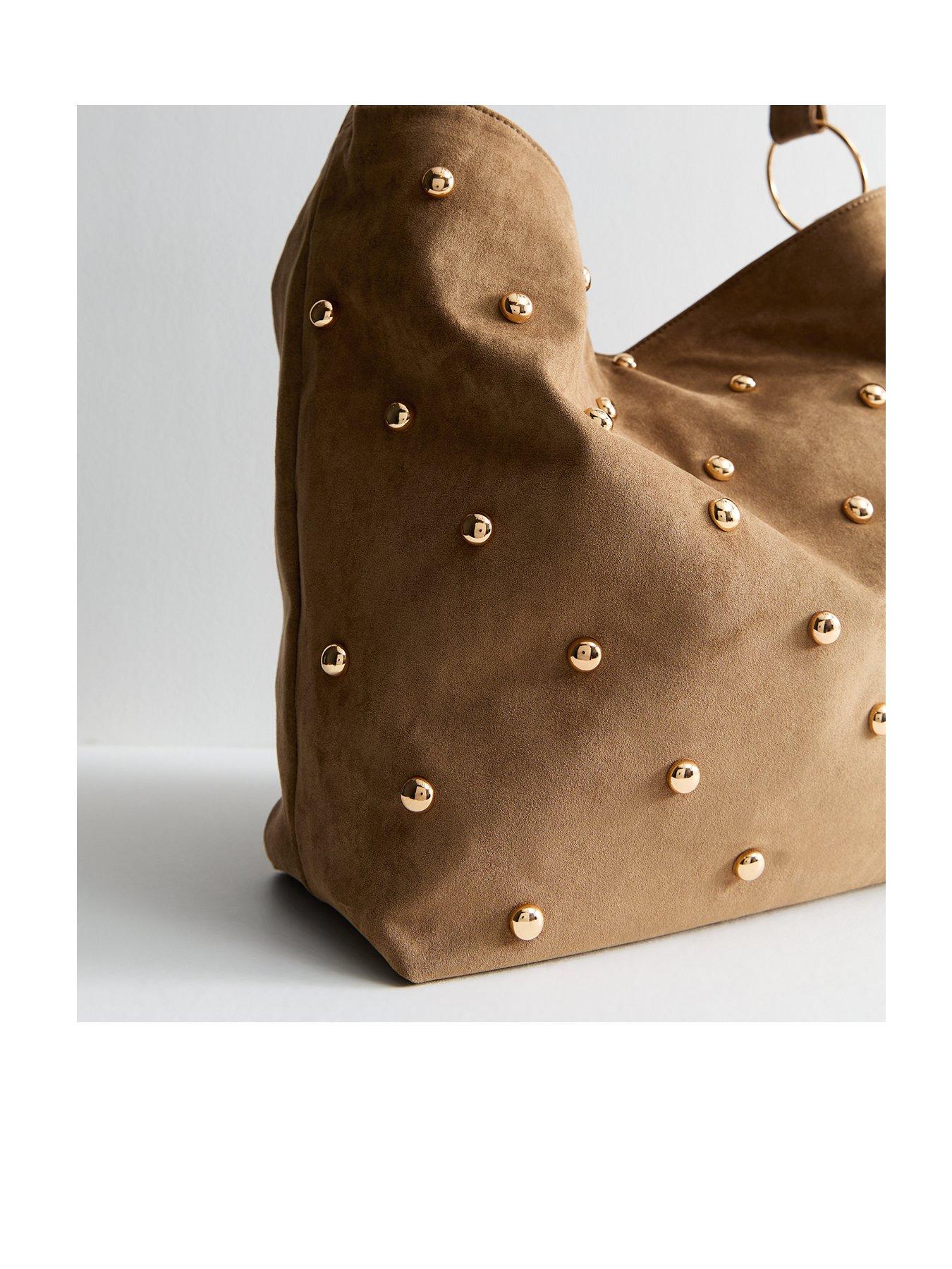  image of new-look-tan-faux-suede-studded-shoulder-bag-brown