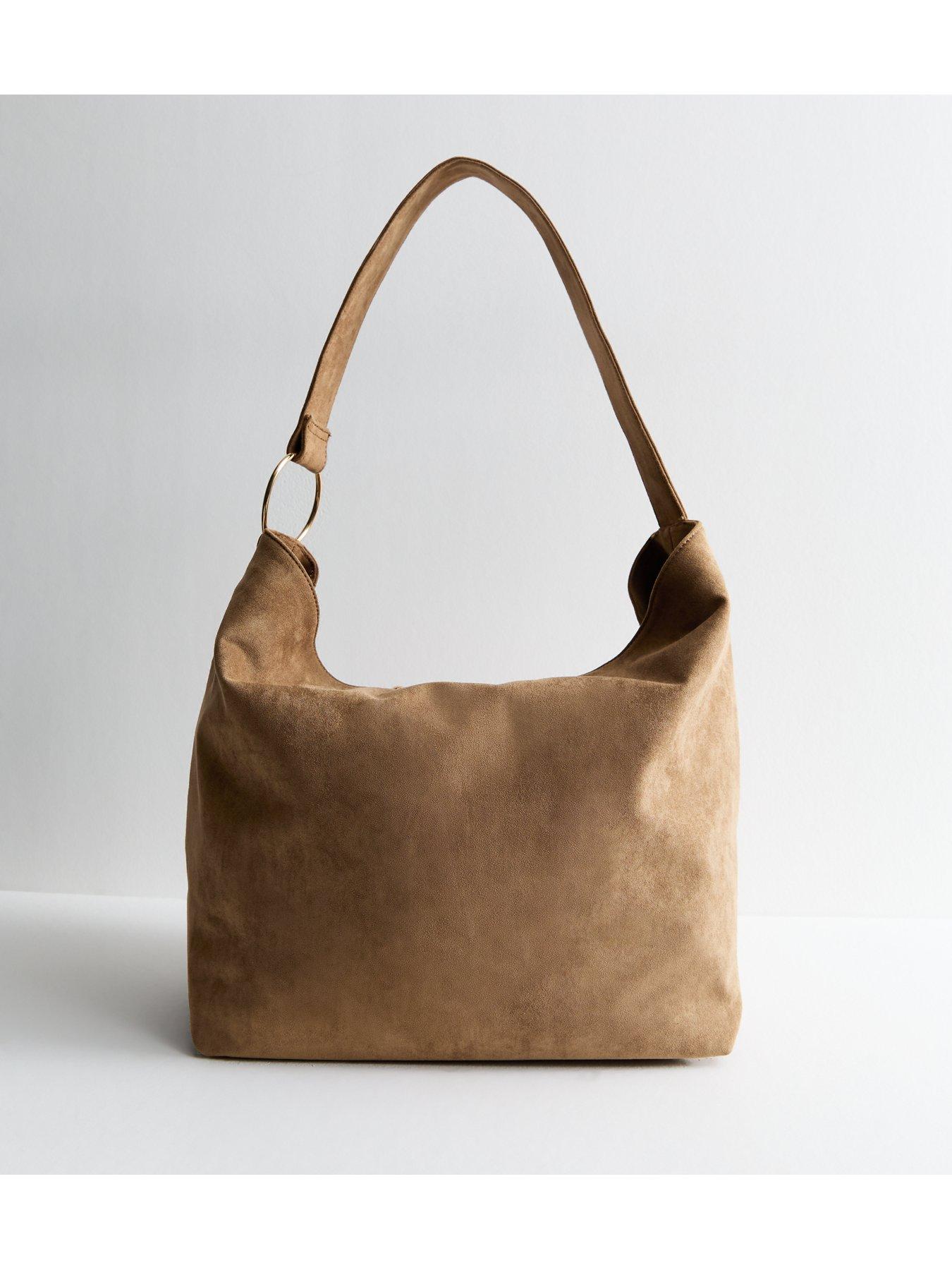  image of new-look-tan-faux-suede-studded-shoulder-bag-brown