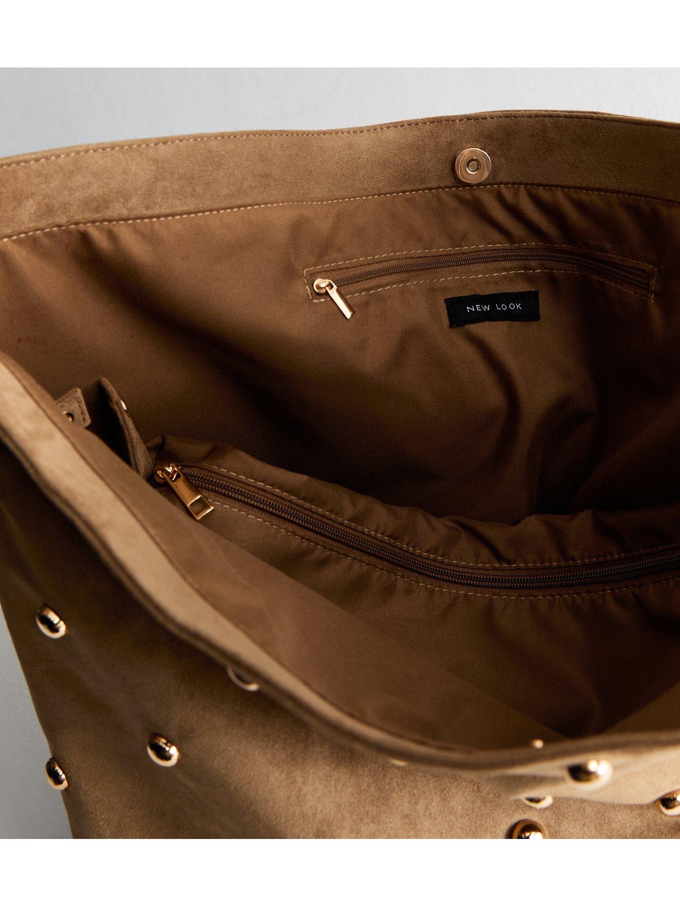  image of new-look-tan-faux-suede-studded-shoulder-bag-brown