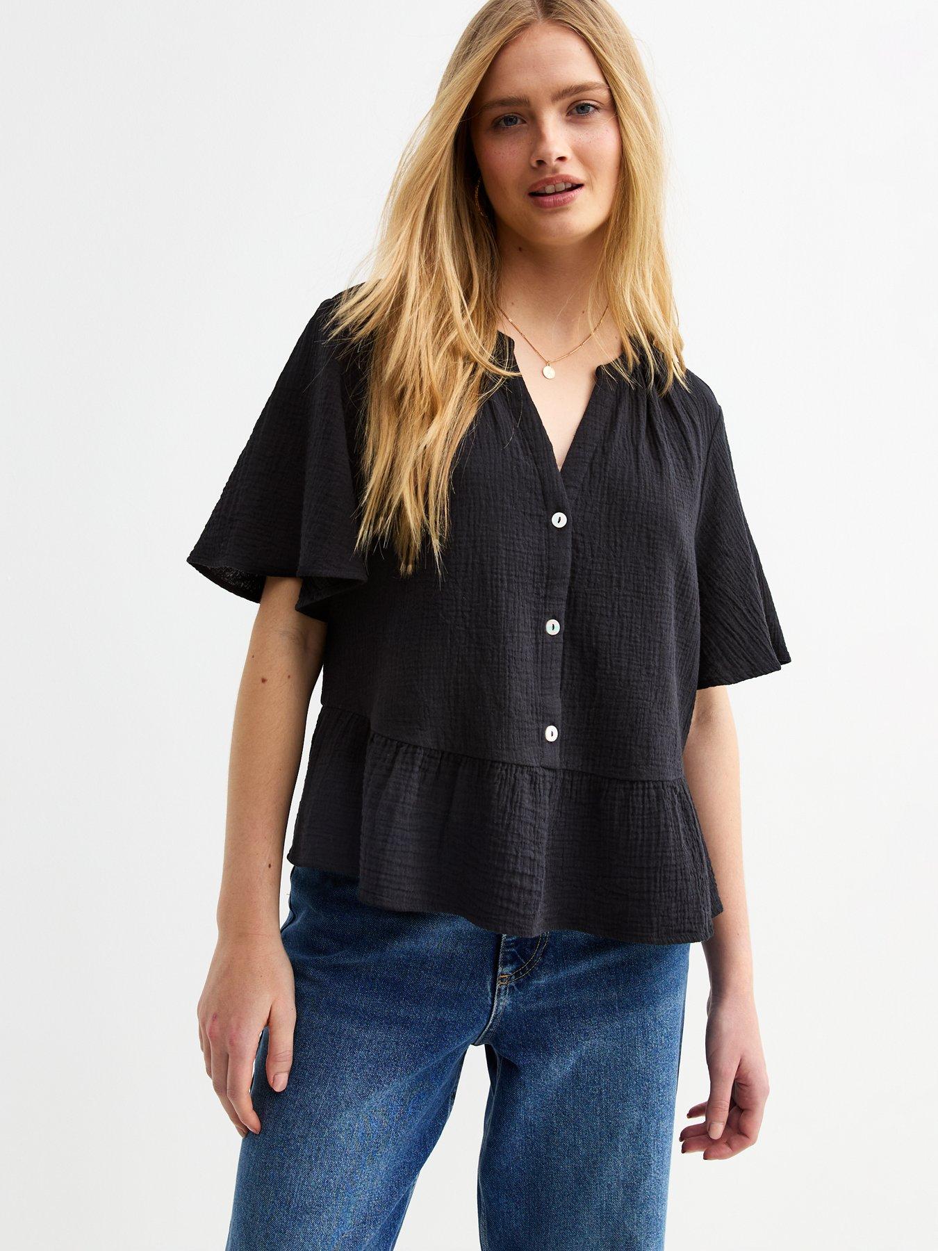 undefined Drop Hem Muslin Top - Black
