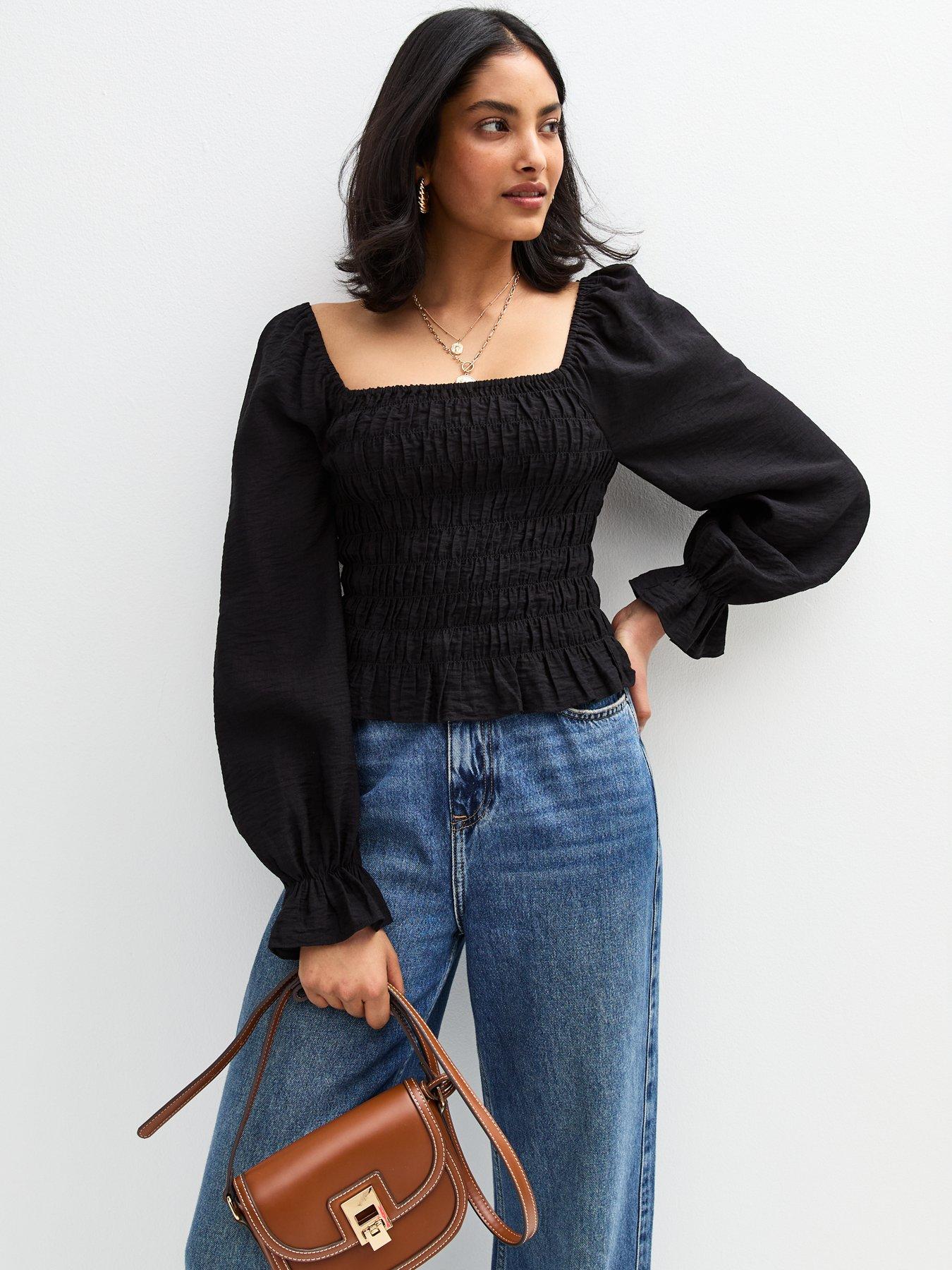 New Look Shirred Long Sleeve Milkmaid Top Black Littlewoods