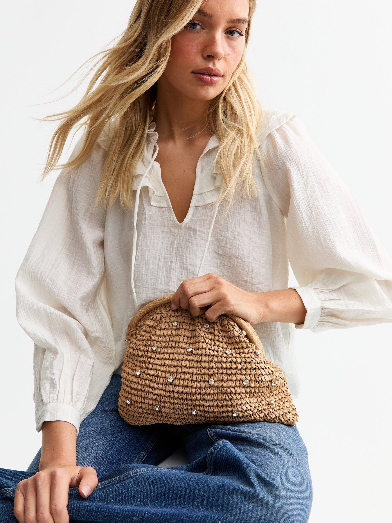 stillFront image of new-look-stone-diamanteacutenbspstud-raffia-look-slouchy-clutch-bag