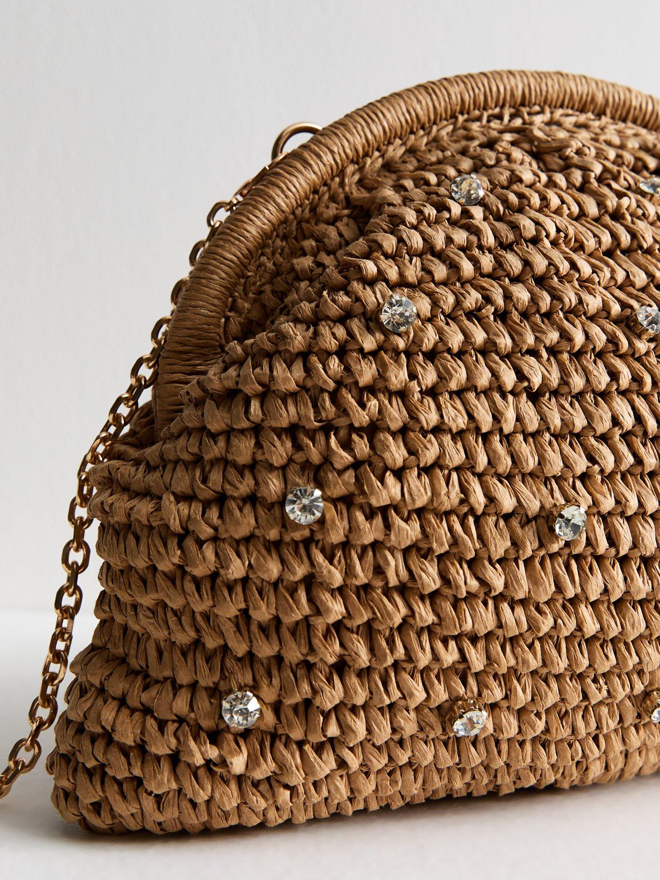  image of new-look-stone-diamanteacutenbspstud-raffia-look-slouchy-clutch-bag