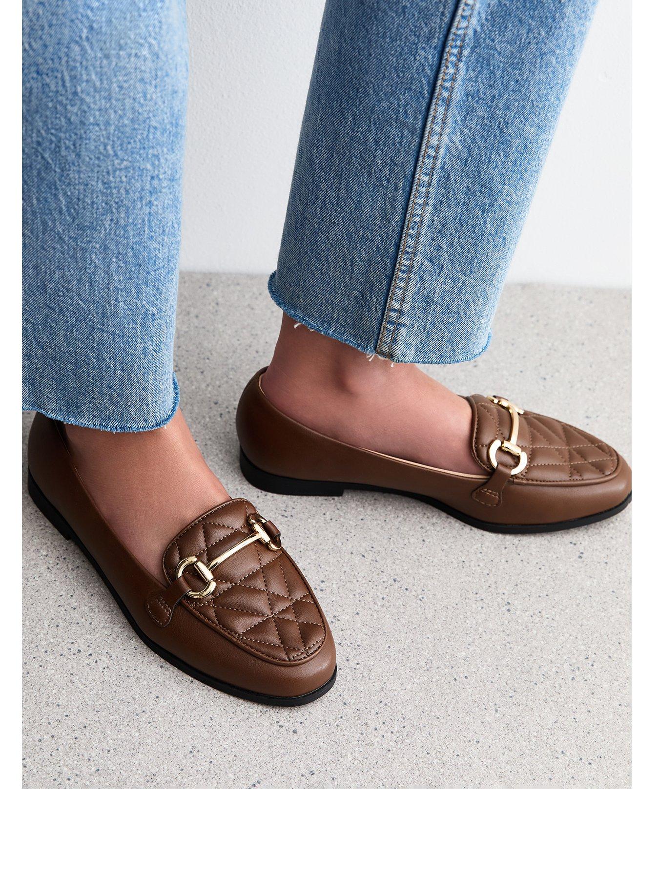  image of new-look-wide-fit-brown-quilted-faux-leather-loafers
