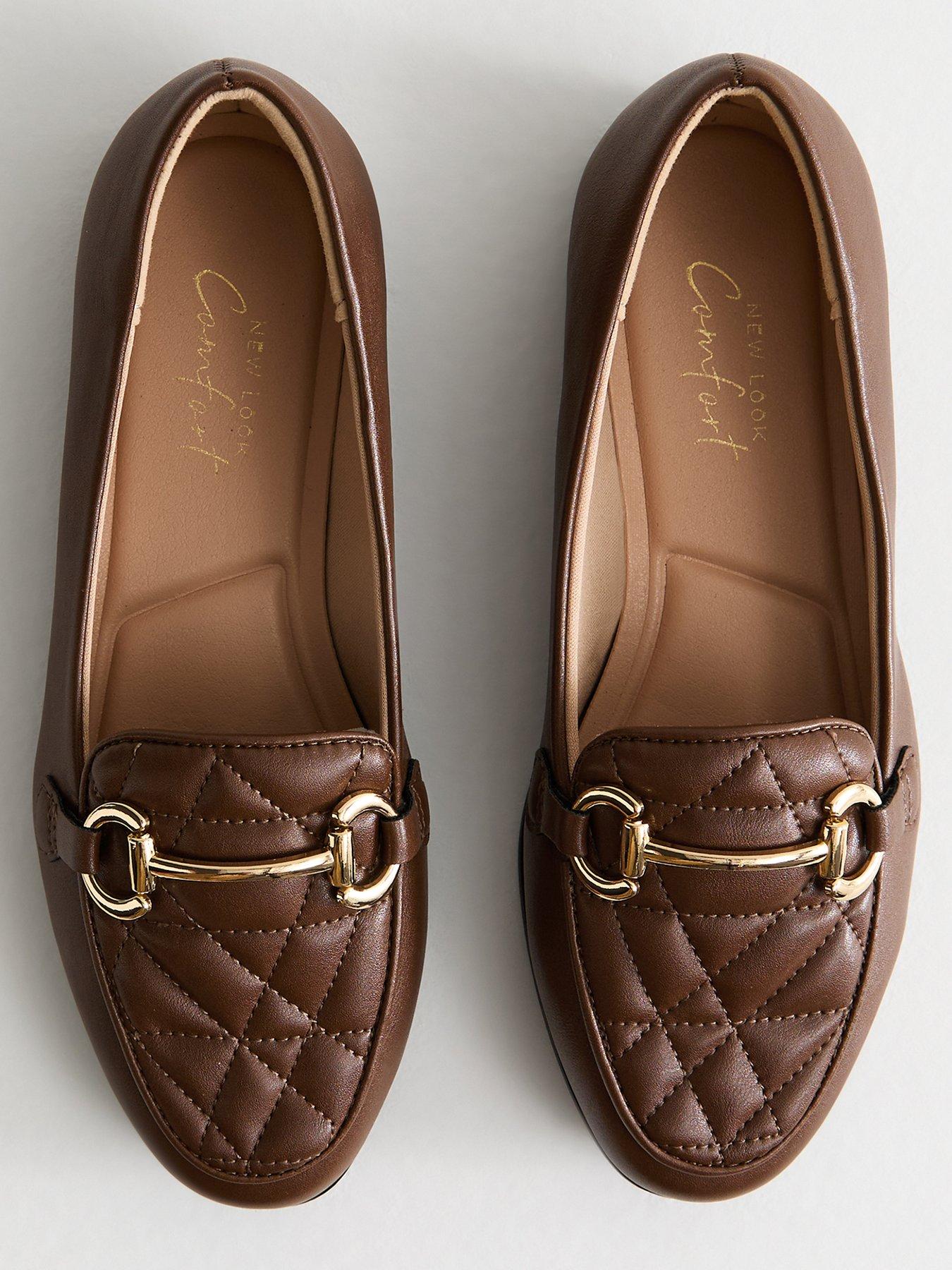  image of new-look-wide-fit-brown-quilted-faux-leather-loafers