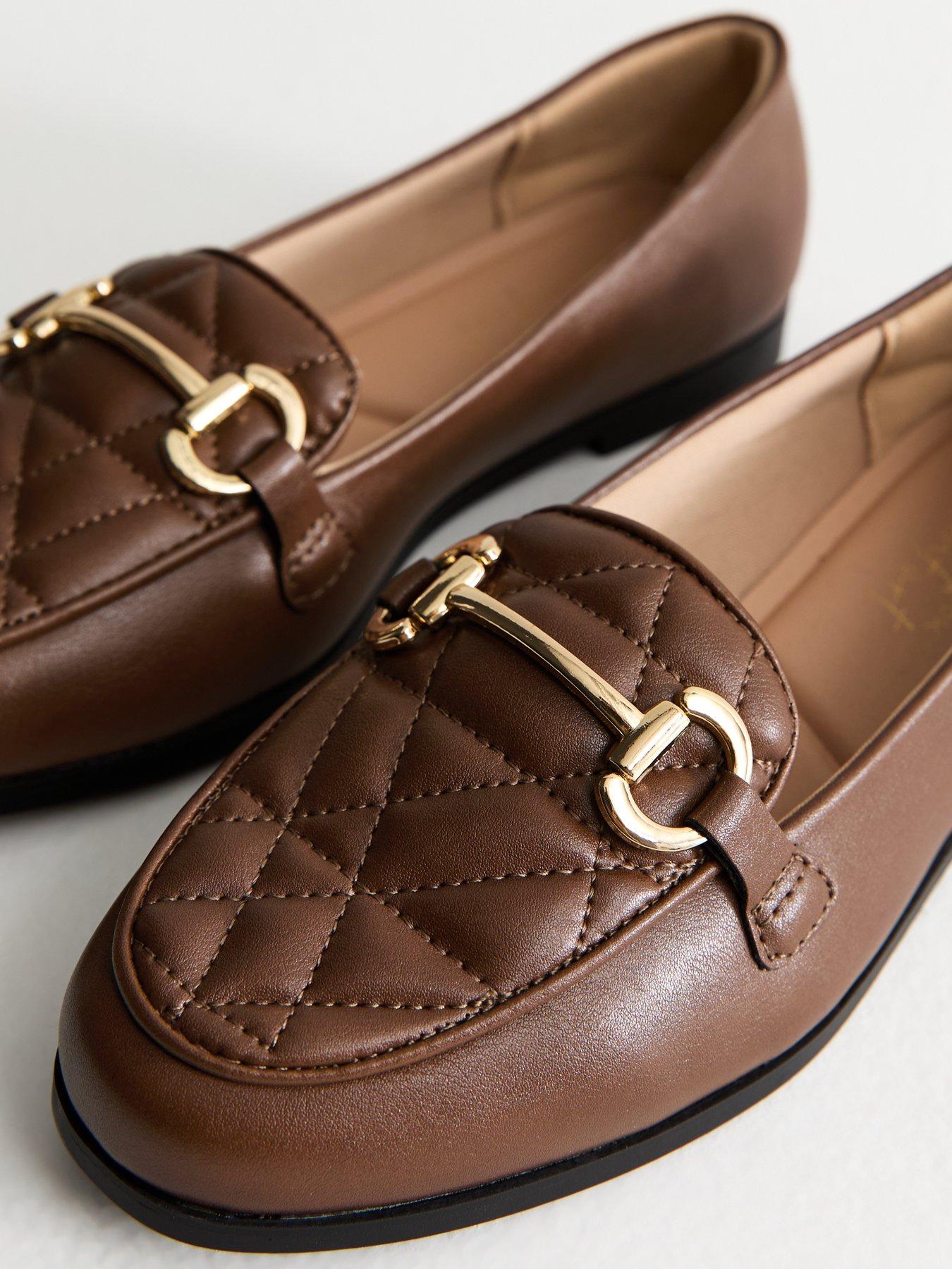  image of new-look-wide-fit-brown-quilted-faux-leather-loafers