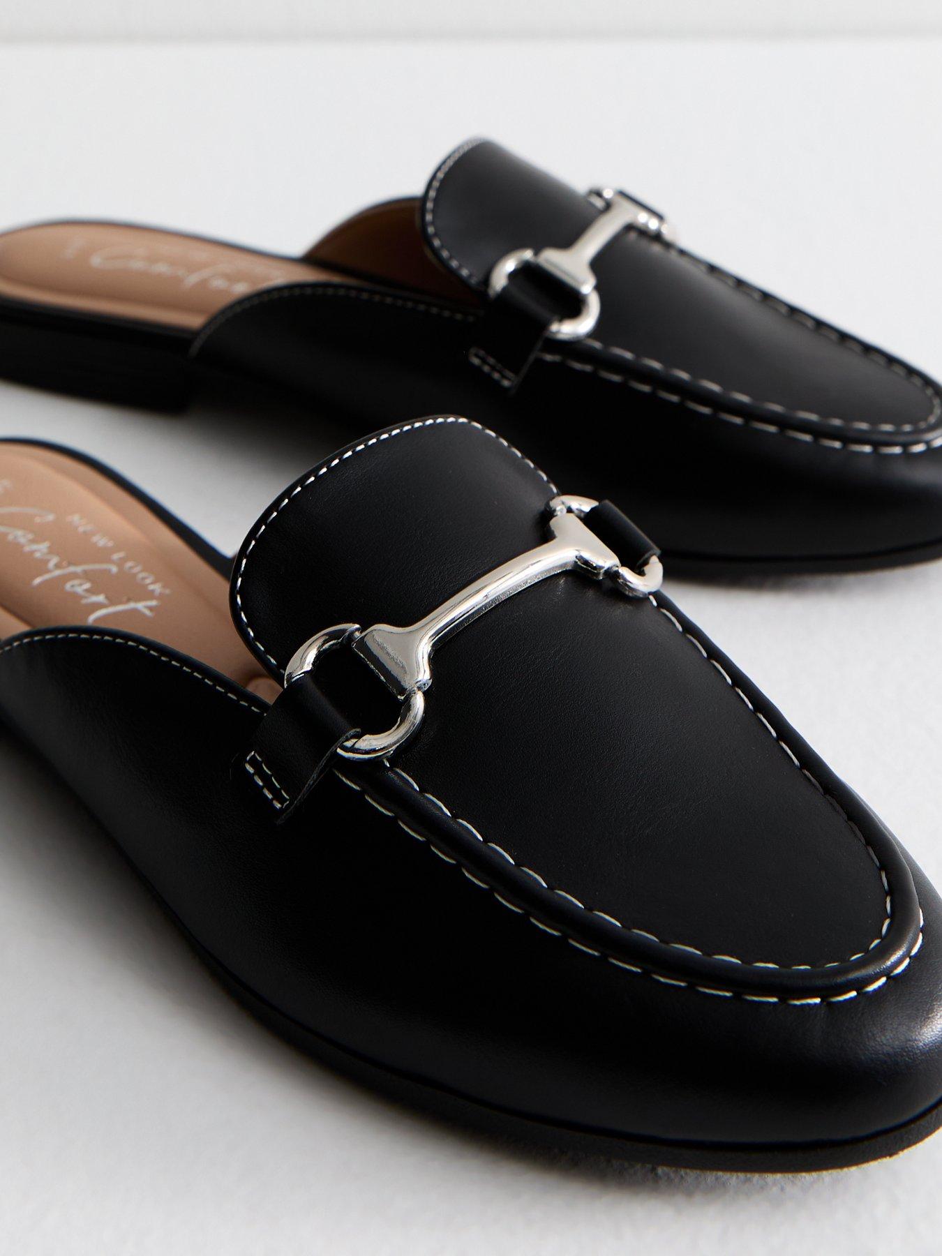  image of new-look-black-faux-leather-snaffle-detail-backless-loafers