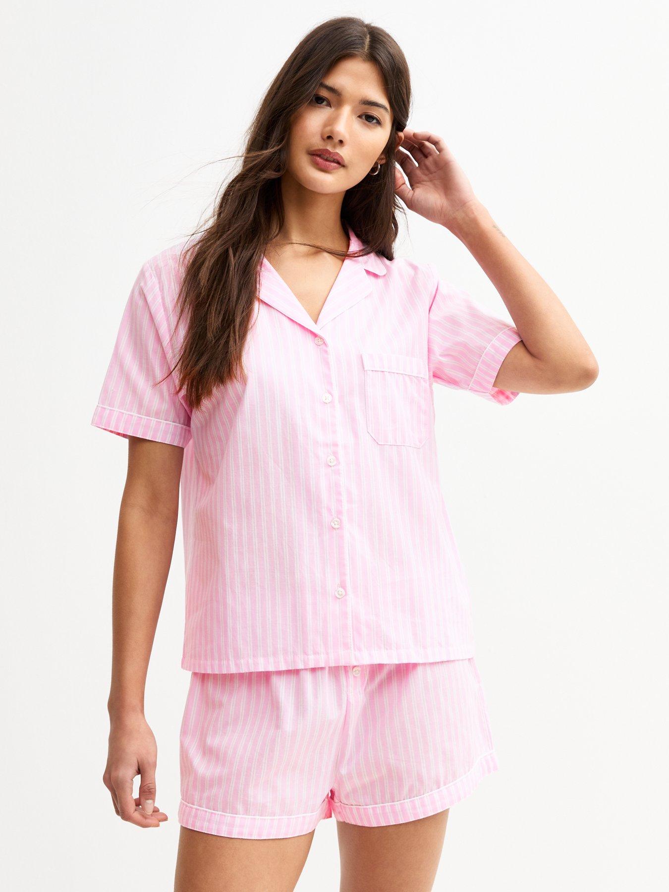  image of new-look-poplin-stripe-short-sleeve-pyjama-set-pink