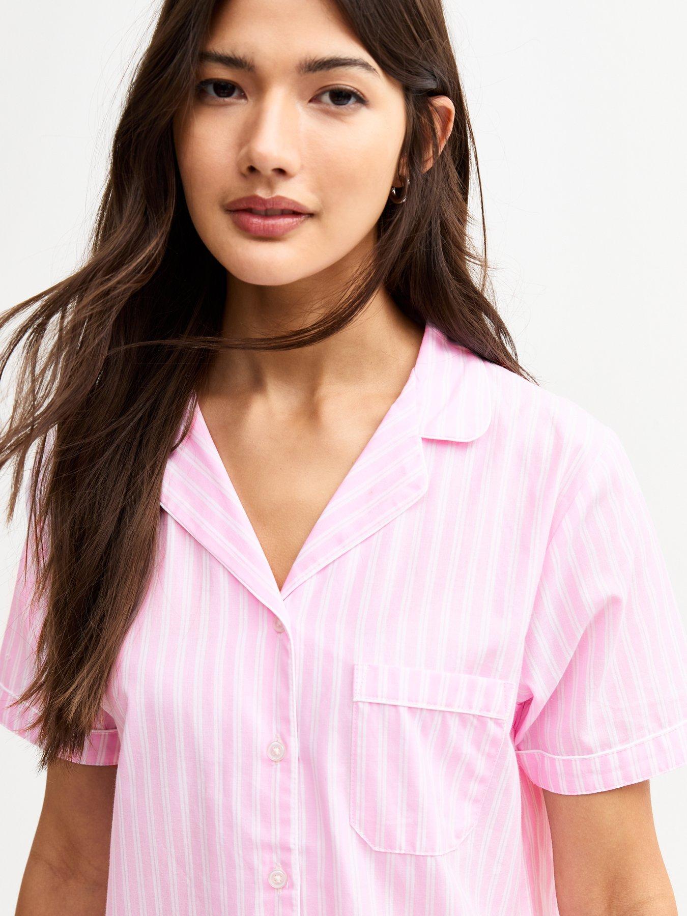  image of new-look-poplin-stripe-short-sleeve-pyjama-set-pink