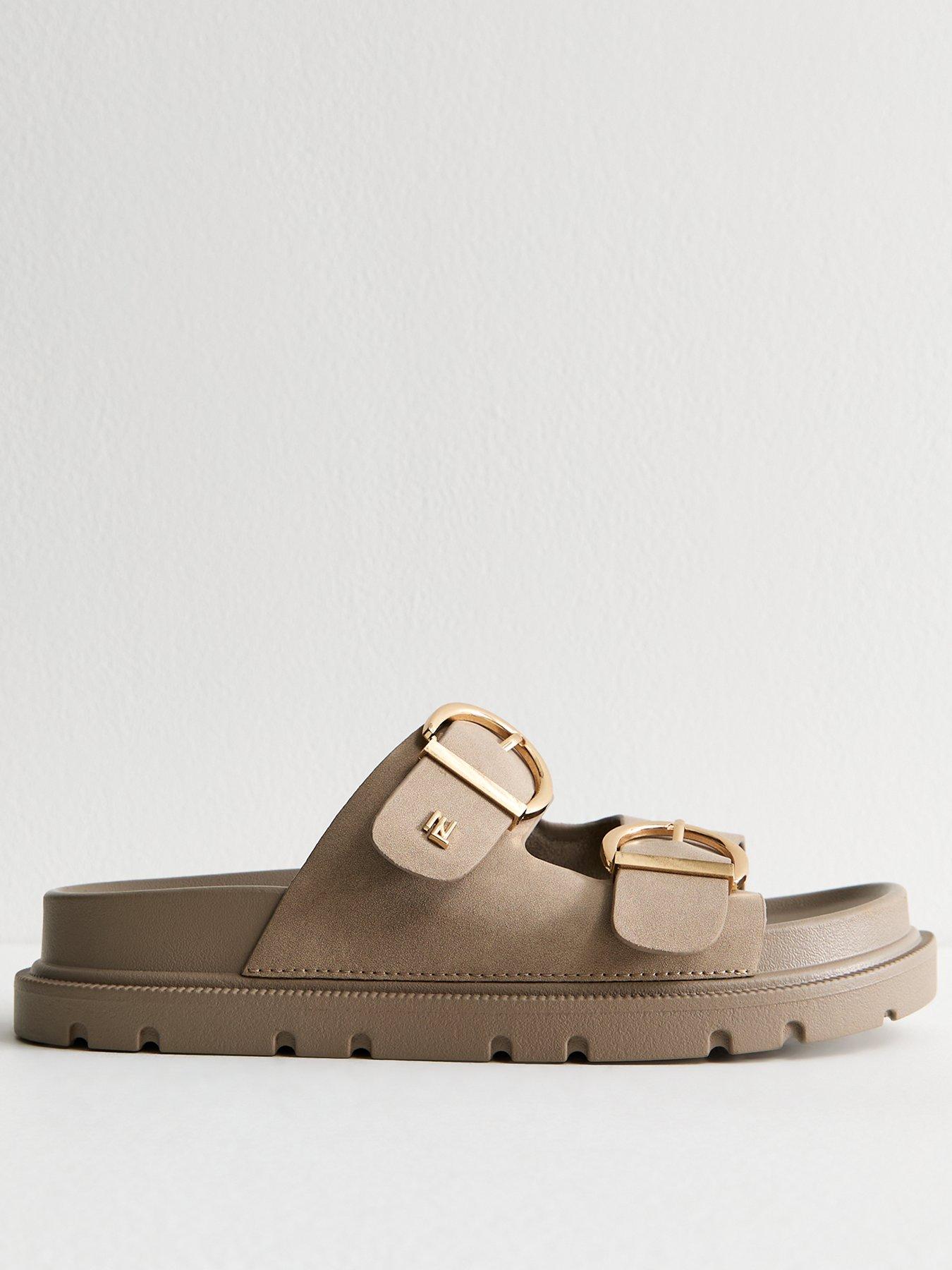  image of new-look-wide-fit-faux-leather-buckle-strap-sandals-brown