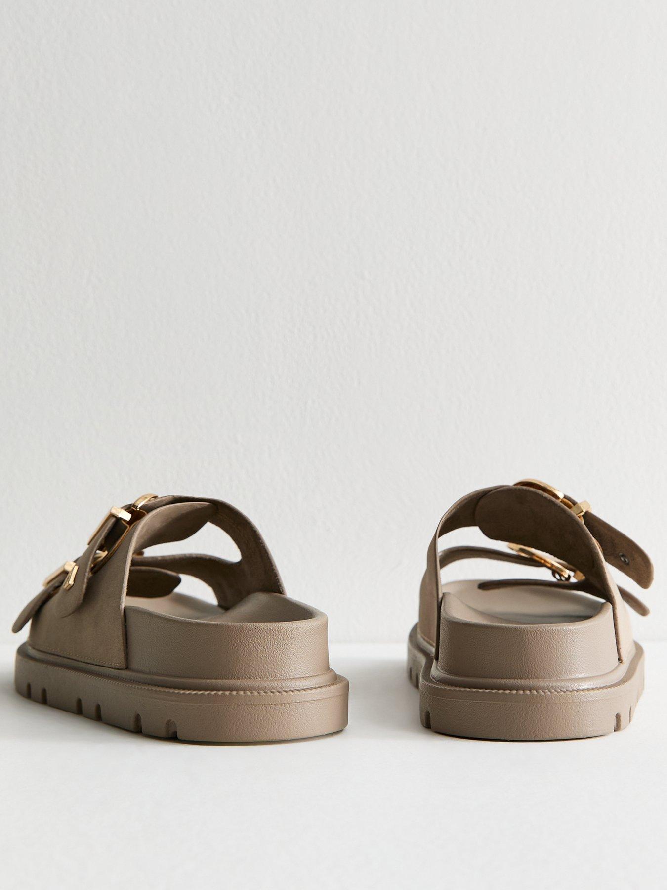  image of new-look-wide-fit-faux-leather-buckle-strap-sandals-brown