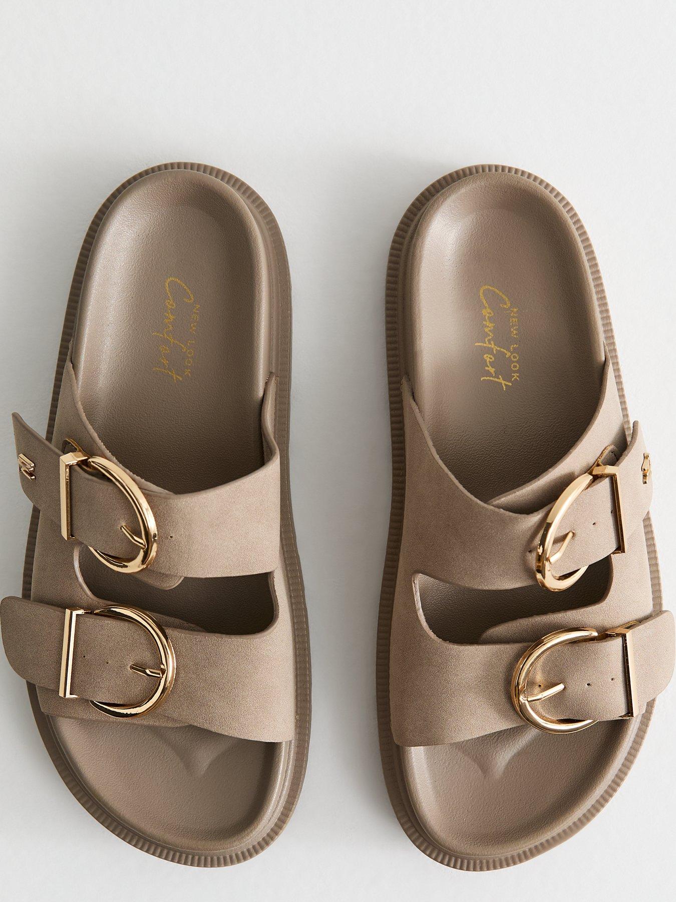  image of new-look-wide-fit-faux-leather-buckle-strap-sandals-brown