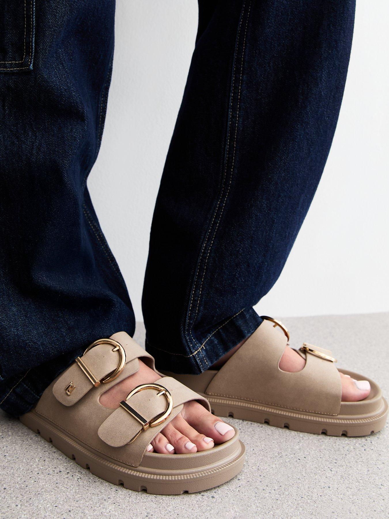  image of new-look-wide-fit-faux-leather-buckle-strap-sandals-brown