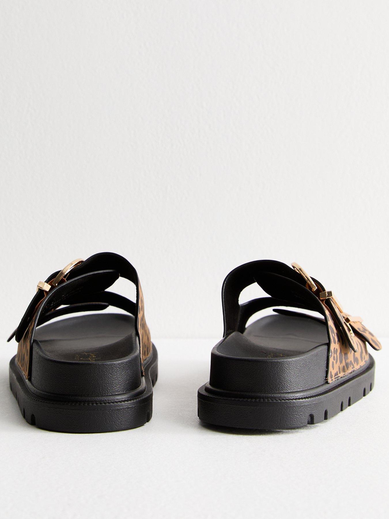  image of new-look-wide-fit-stone-faux-leather-leopard-print-buckle-strap-sandals-beige