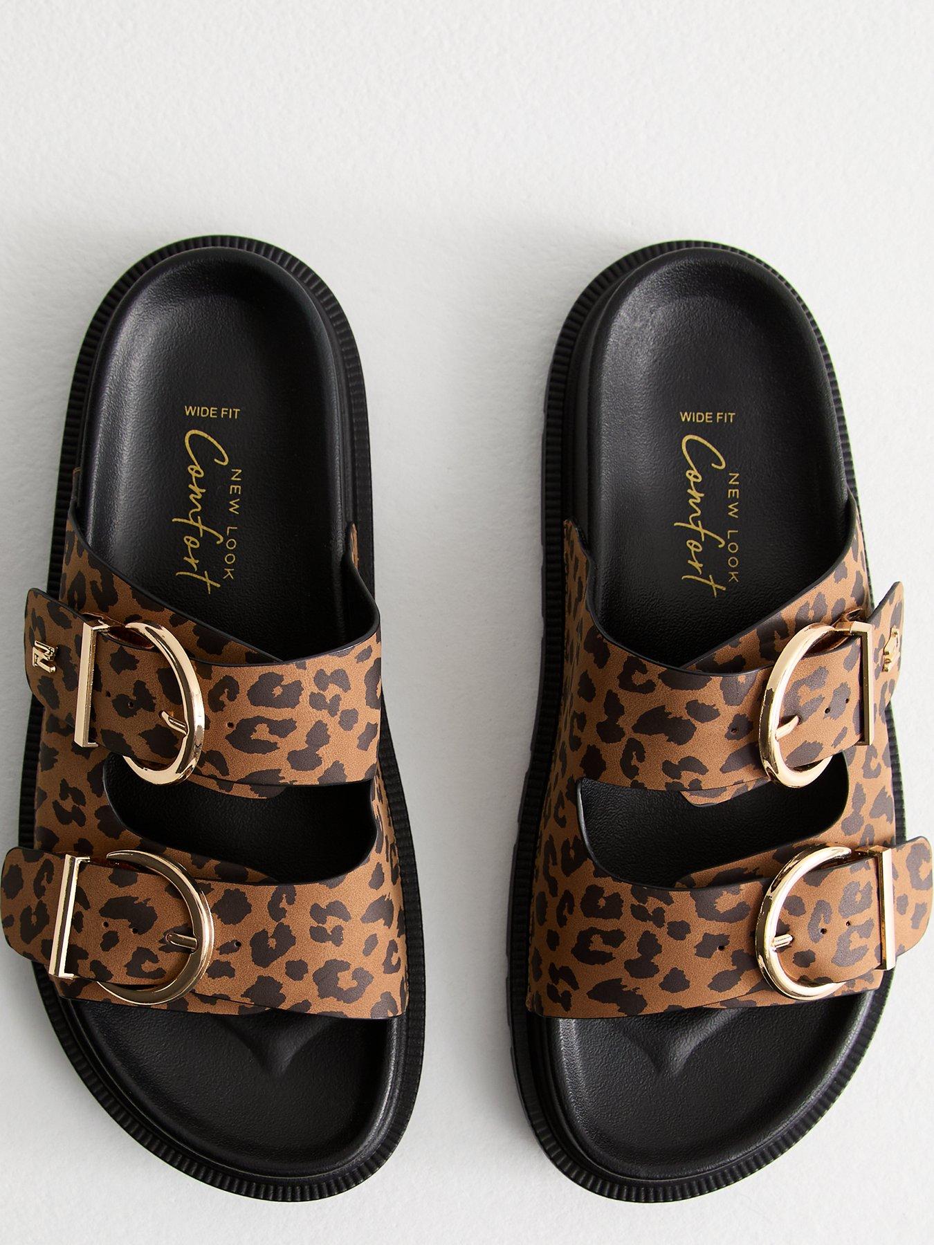  image of new-look-wide-fit-stone-faux-leather-leopard-print-buckle-strap-sandals-beige