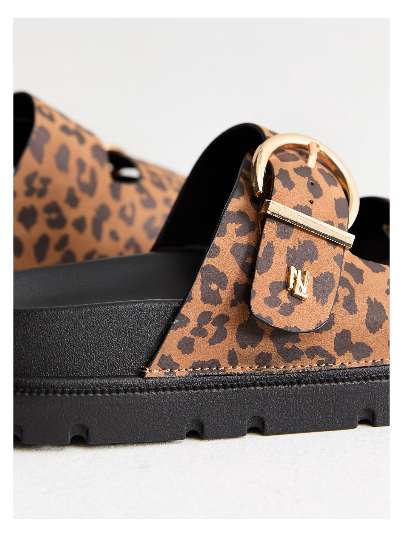  image of new-look-wide-fit-stone-faux-leather-leopard-print-buckle-strap-sandals-beige