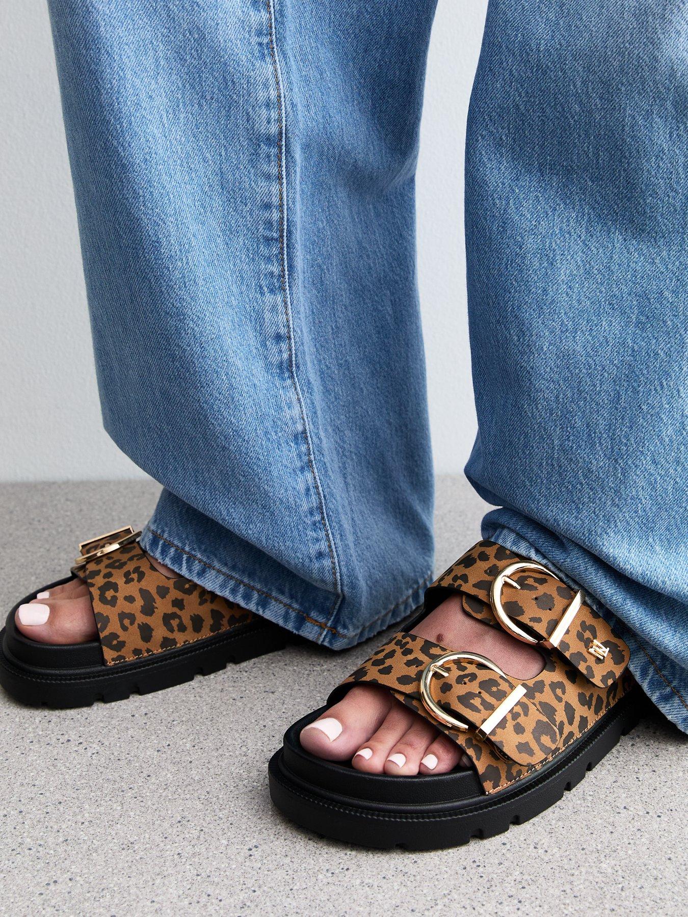  image of new-look-wide-fit-stone-faux-leather-leopard-print-buckle-strap-sandals-beige