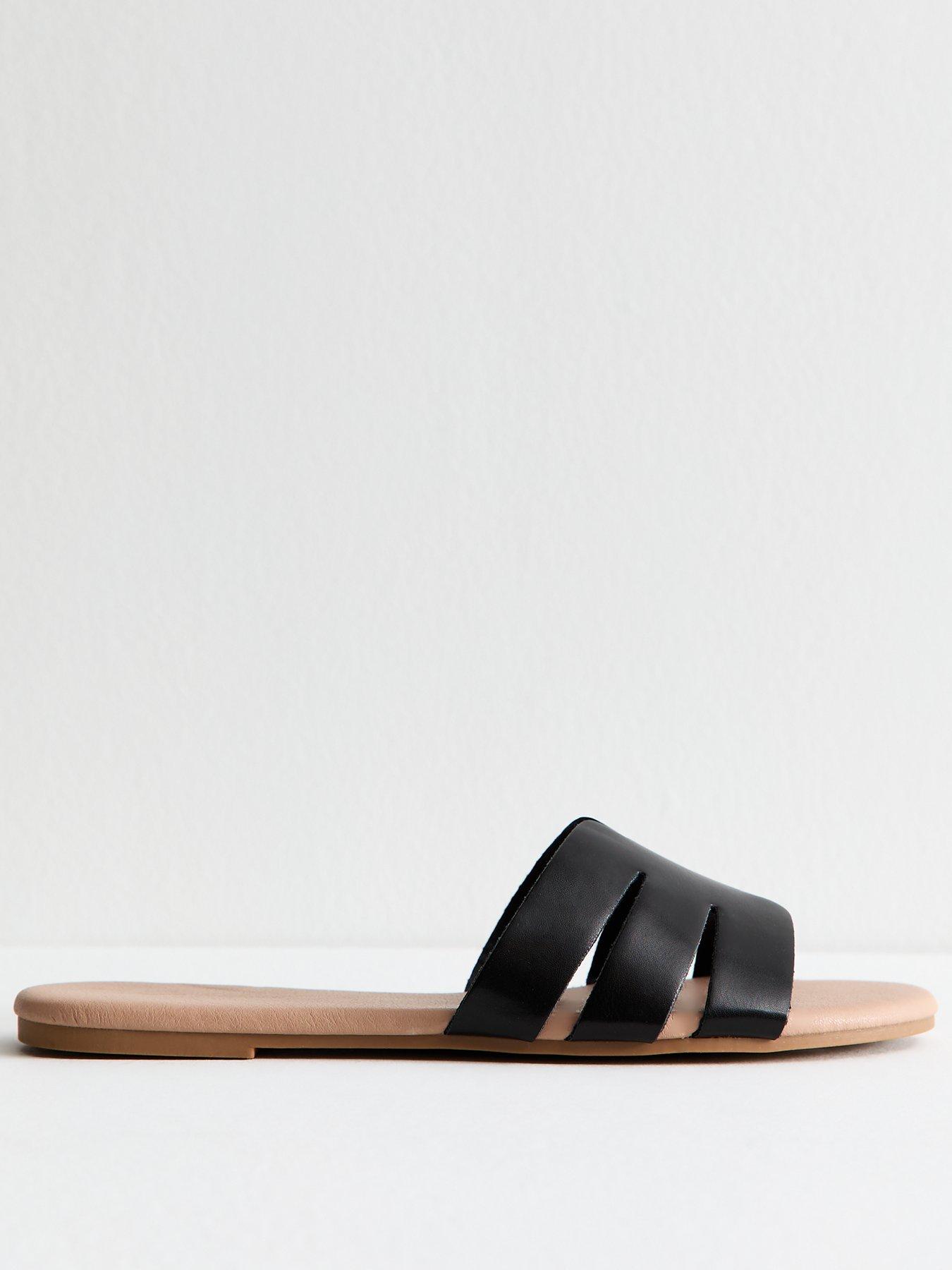  image of new-look-wide-fit-faux-leather-cutout-flat-sandals-black