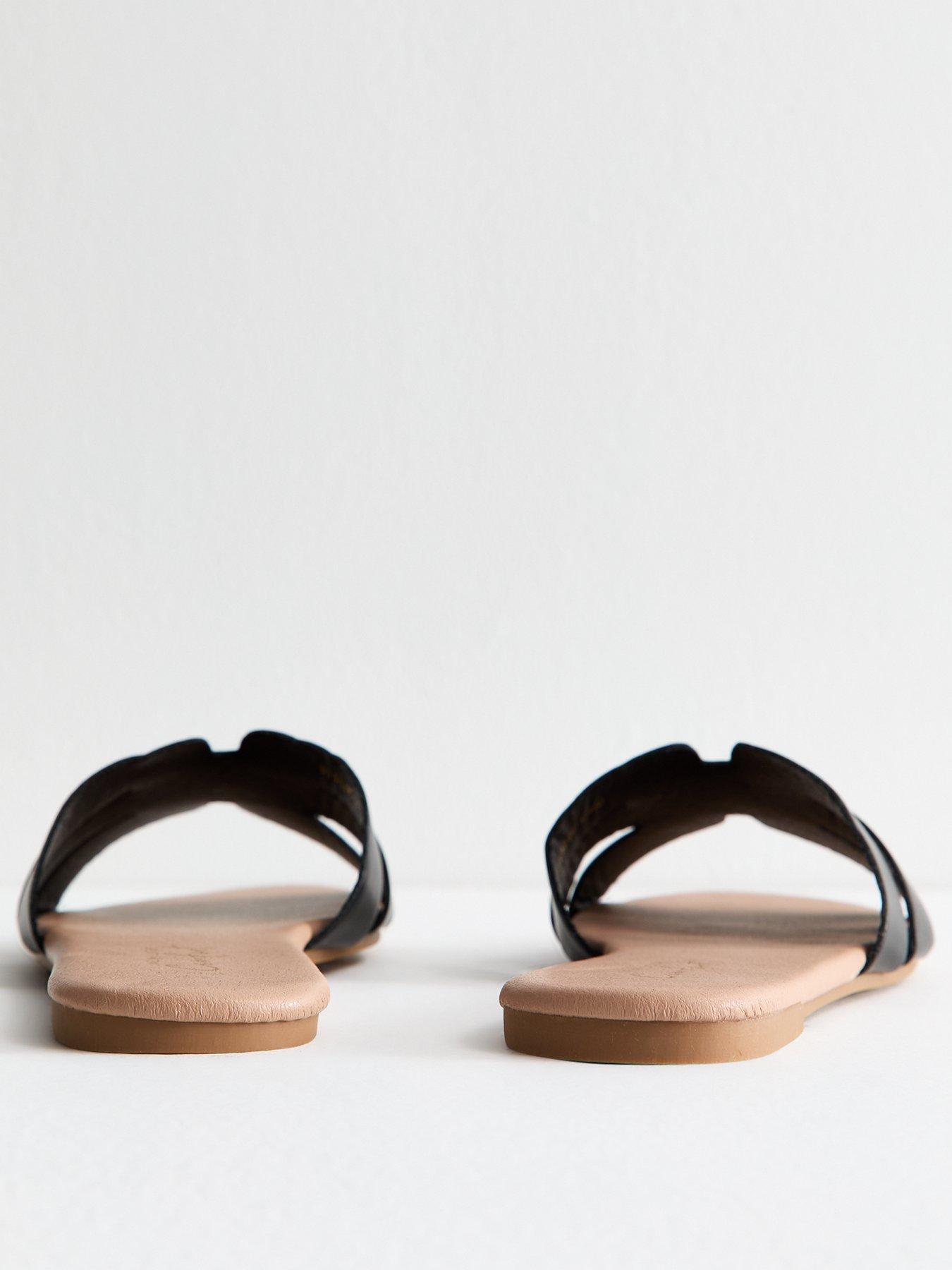  image of new-look-wide-fit-faux-leather-cutout-flat-sandals-black