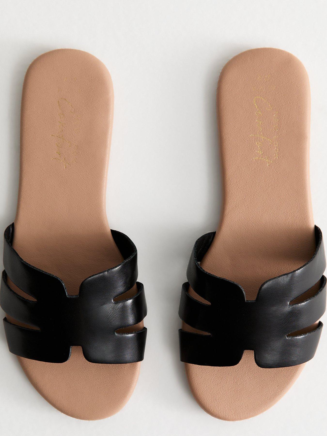  image of new-look-wide-fit-faux-leather-cutout-flat-sandals-black