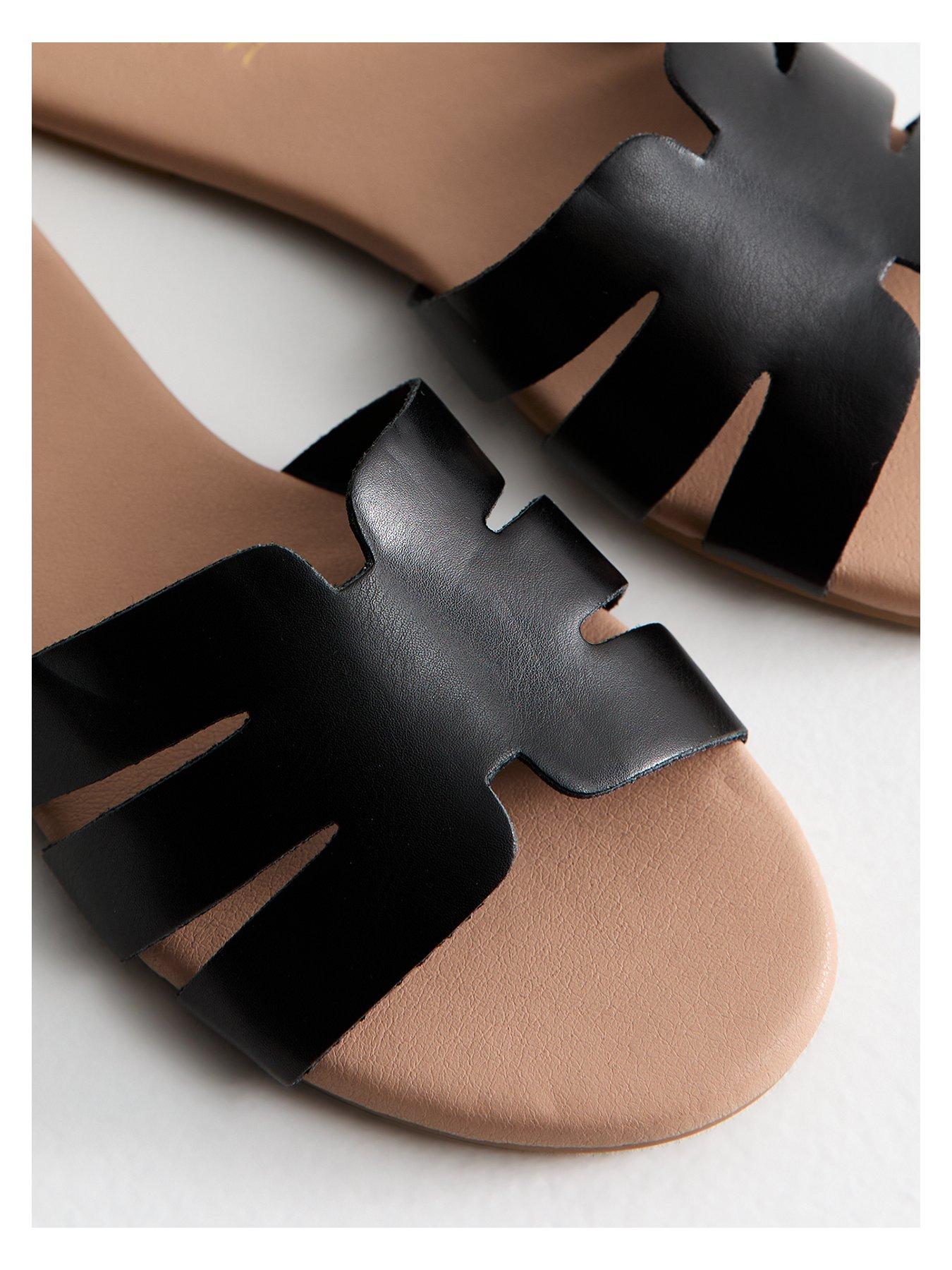  image of new-look-wide-fit-faux-leather-cutout-flat-sandals-black