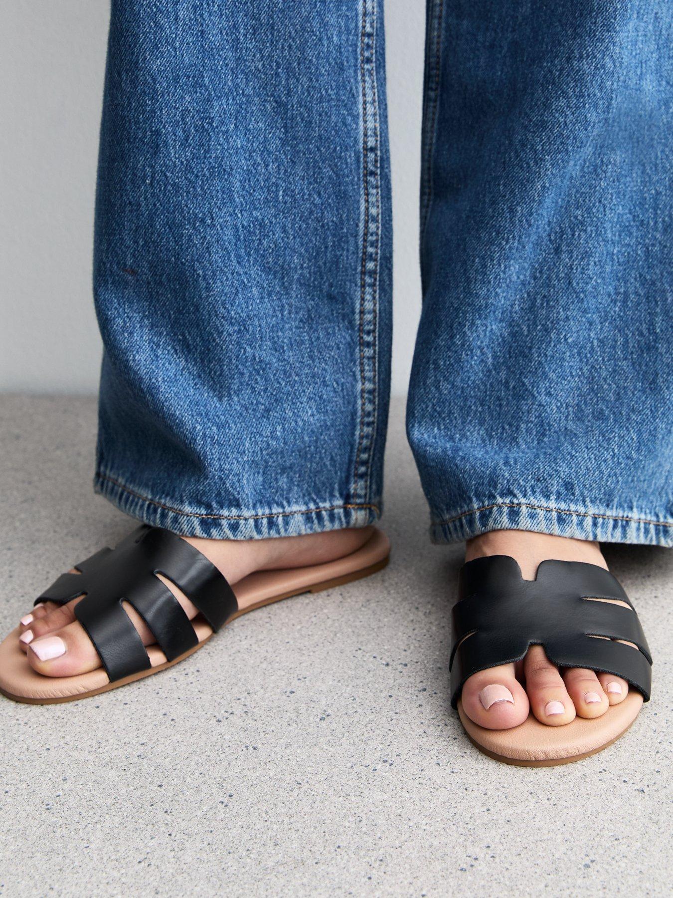  image of new-look-wide-fit-faux-leather-cutout-flat-sandals-black