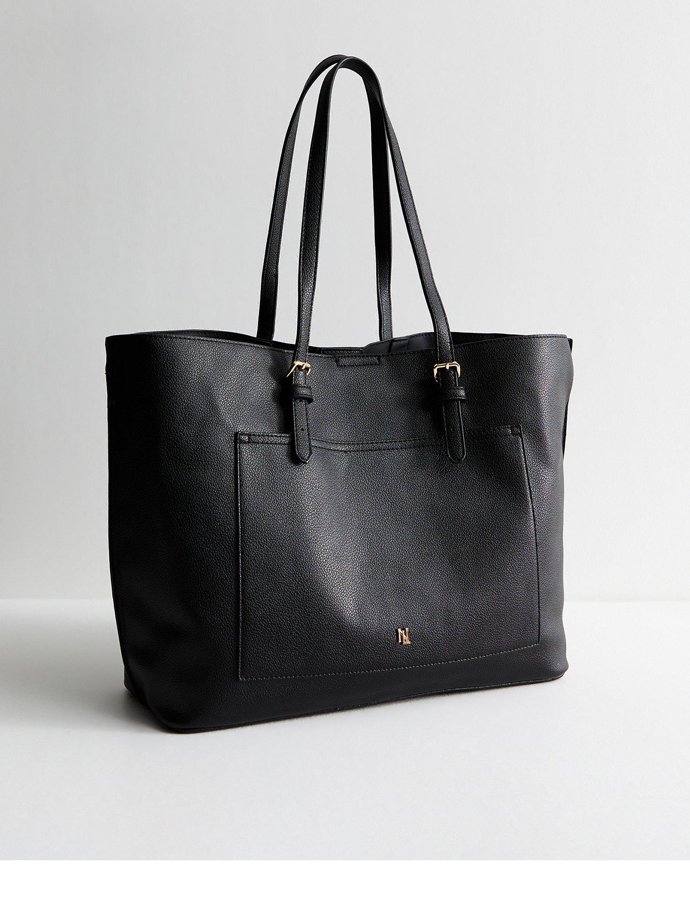  image of new-look-black-grained-faux-leather-front-pocket-tote-bag