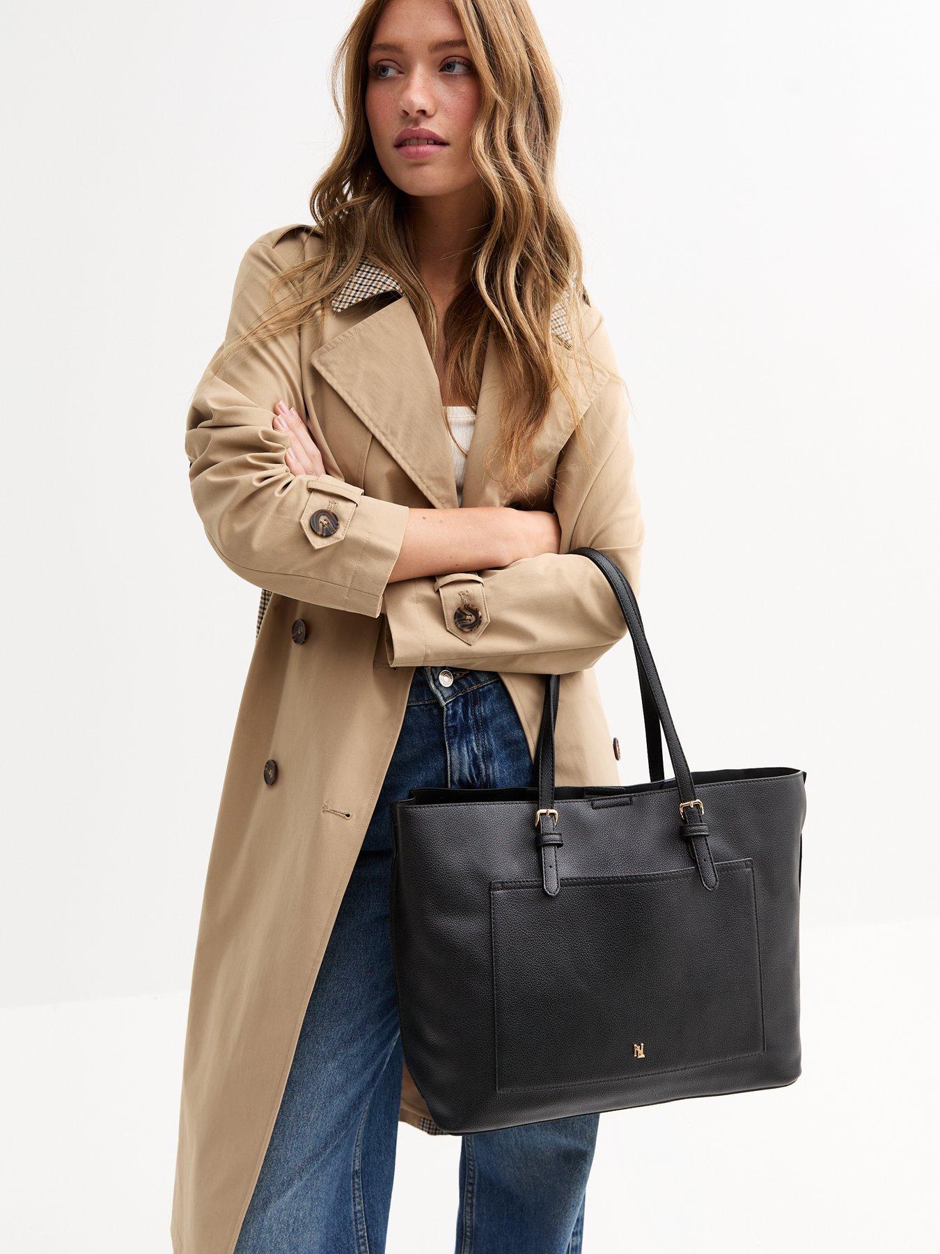  image of new-look-black-grained-faux-leather-front-pocket-tote-bag