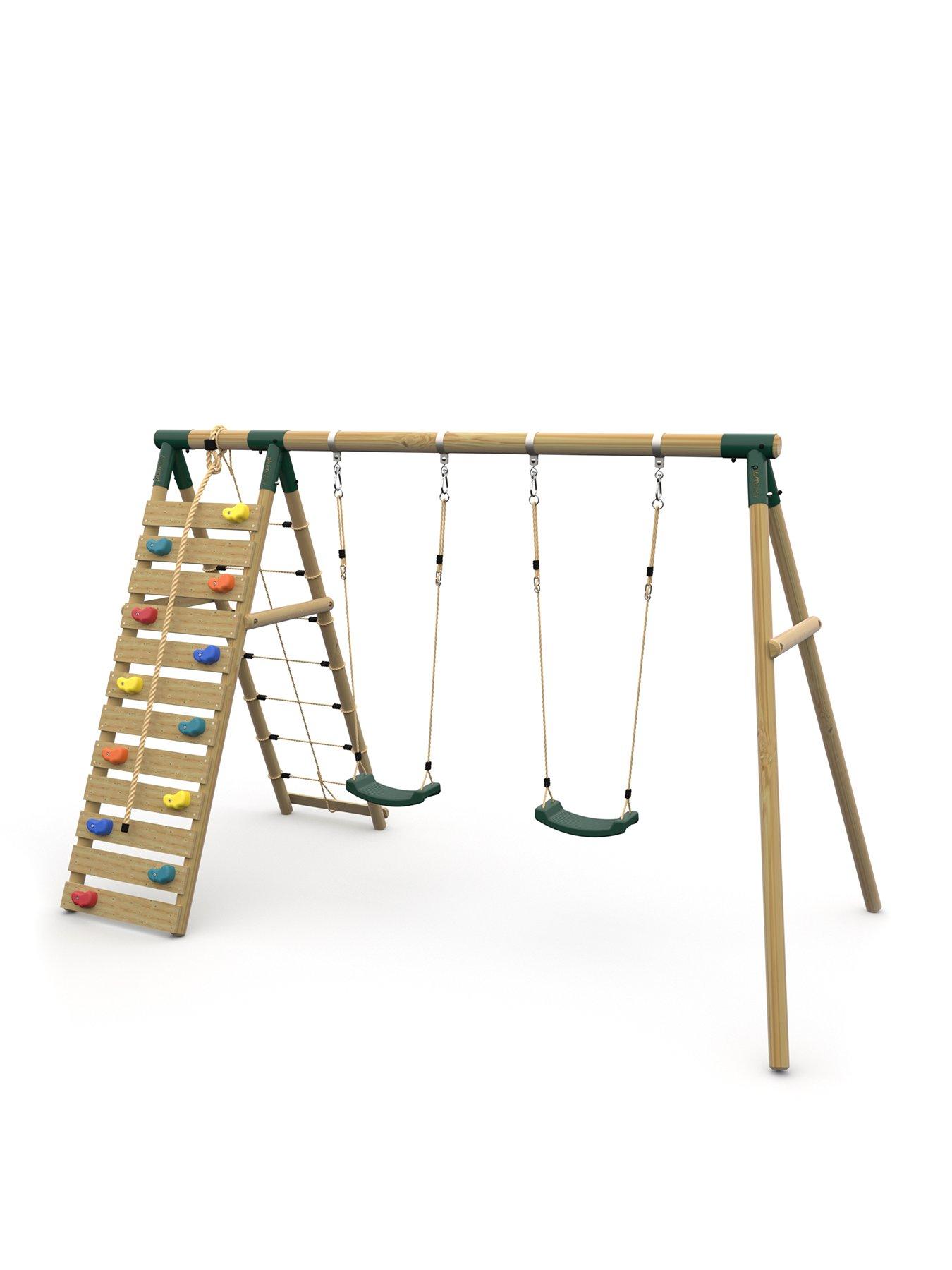 plum-plumreg-uakari-wooden-swing-set-double-swing-amp-climbing-wall-green