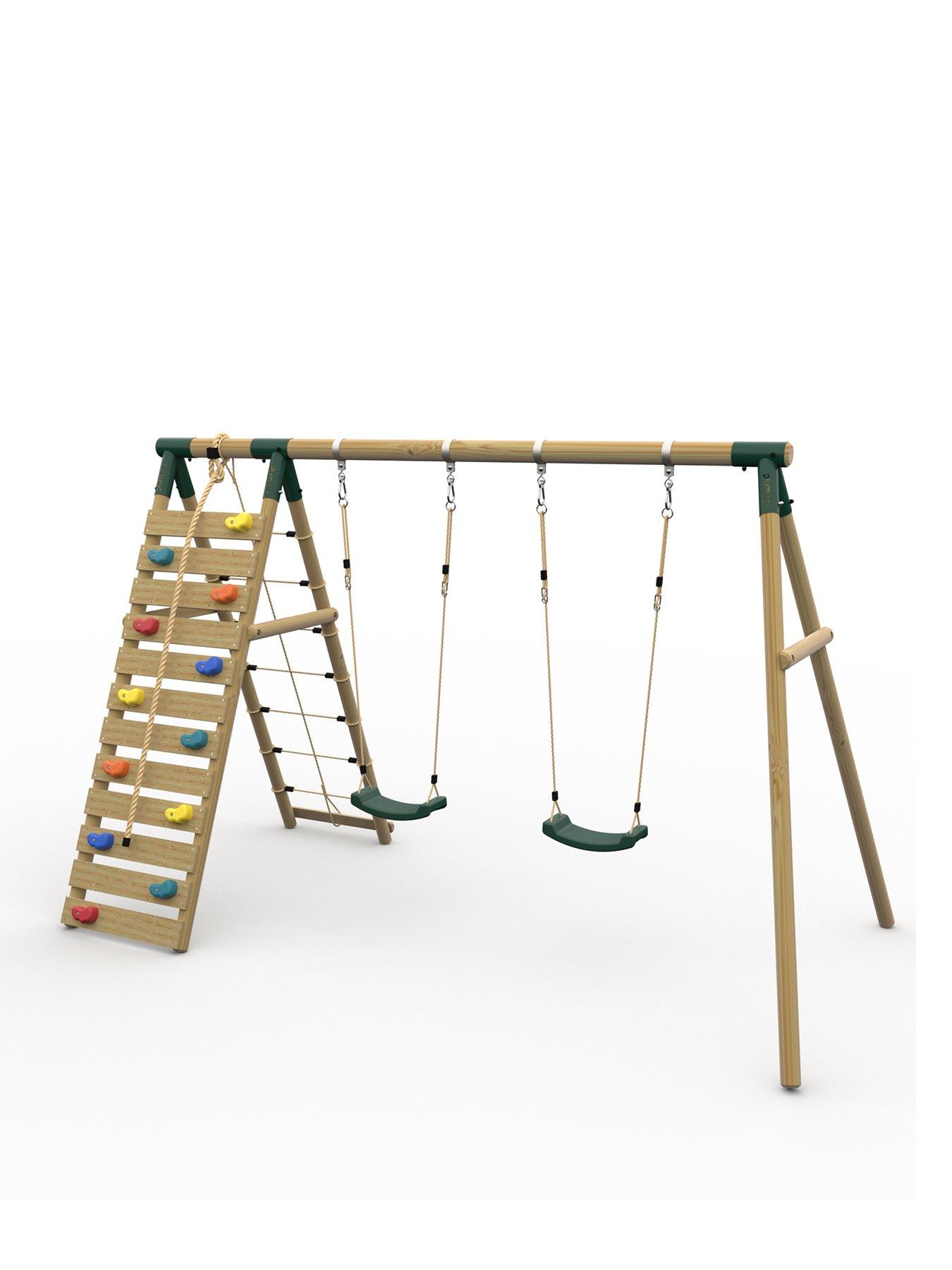 undefined Plum® Uakari Wooden Swing Set - Double Swing  &  Climbing Wall - Green