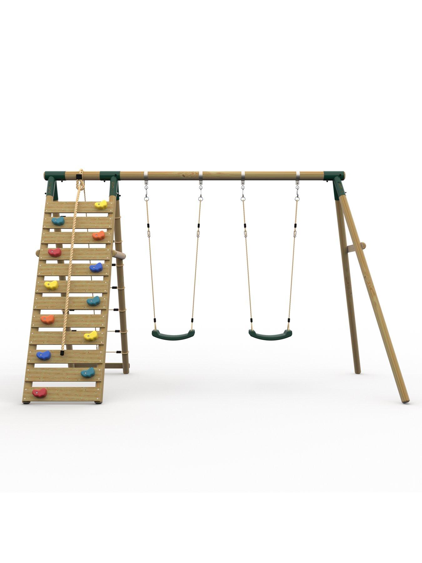  image of plum-plumreg-uakari-wooden-swing-set-double-swing-amp-climbing-wall-green