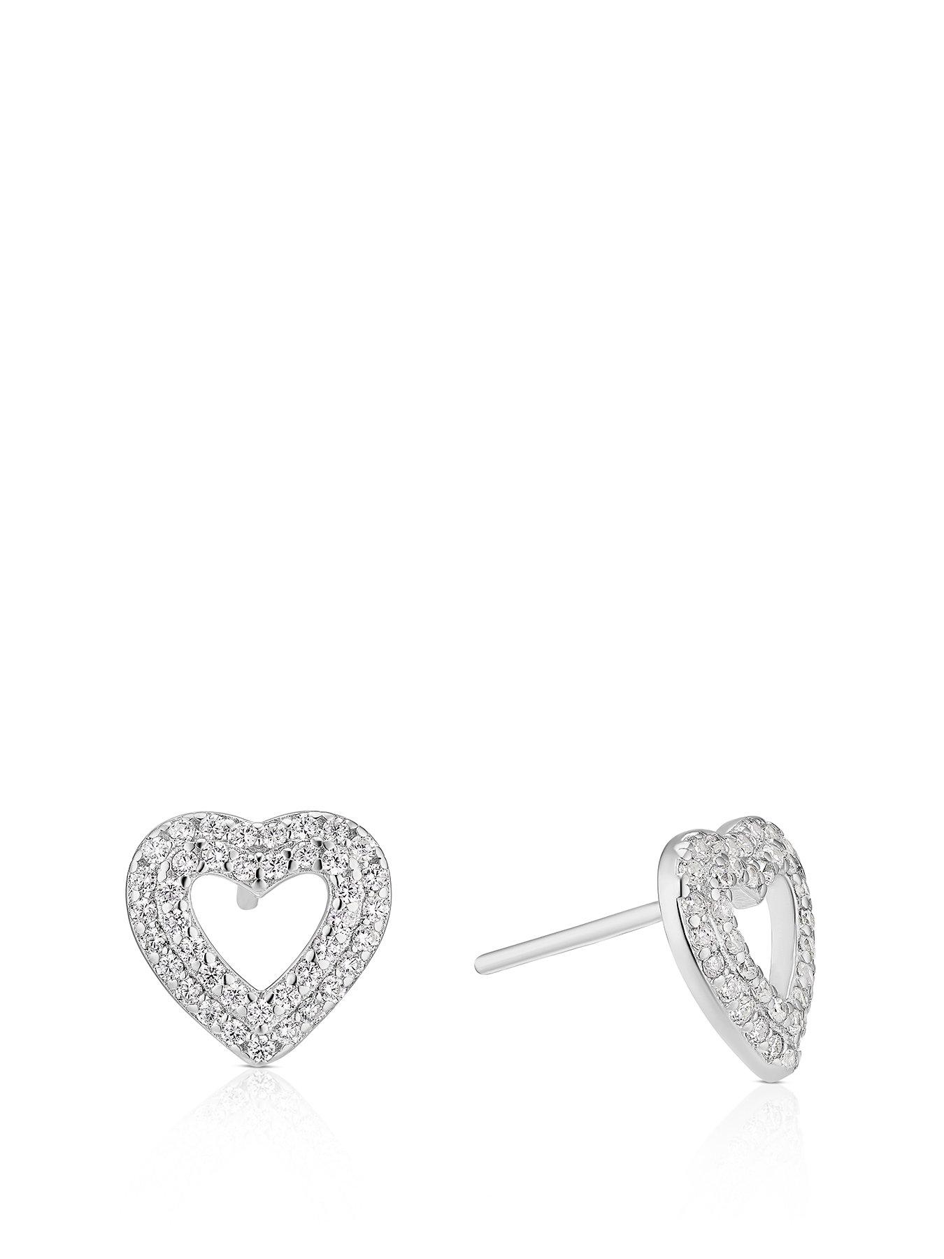undefined Sterling Silver Earrings. Cubic Zirconia Pavé Open Heart Stud Earrings