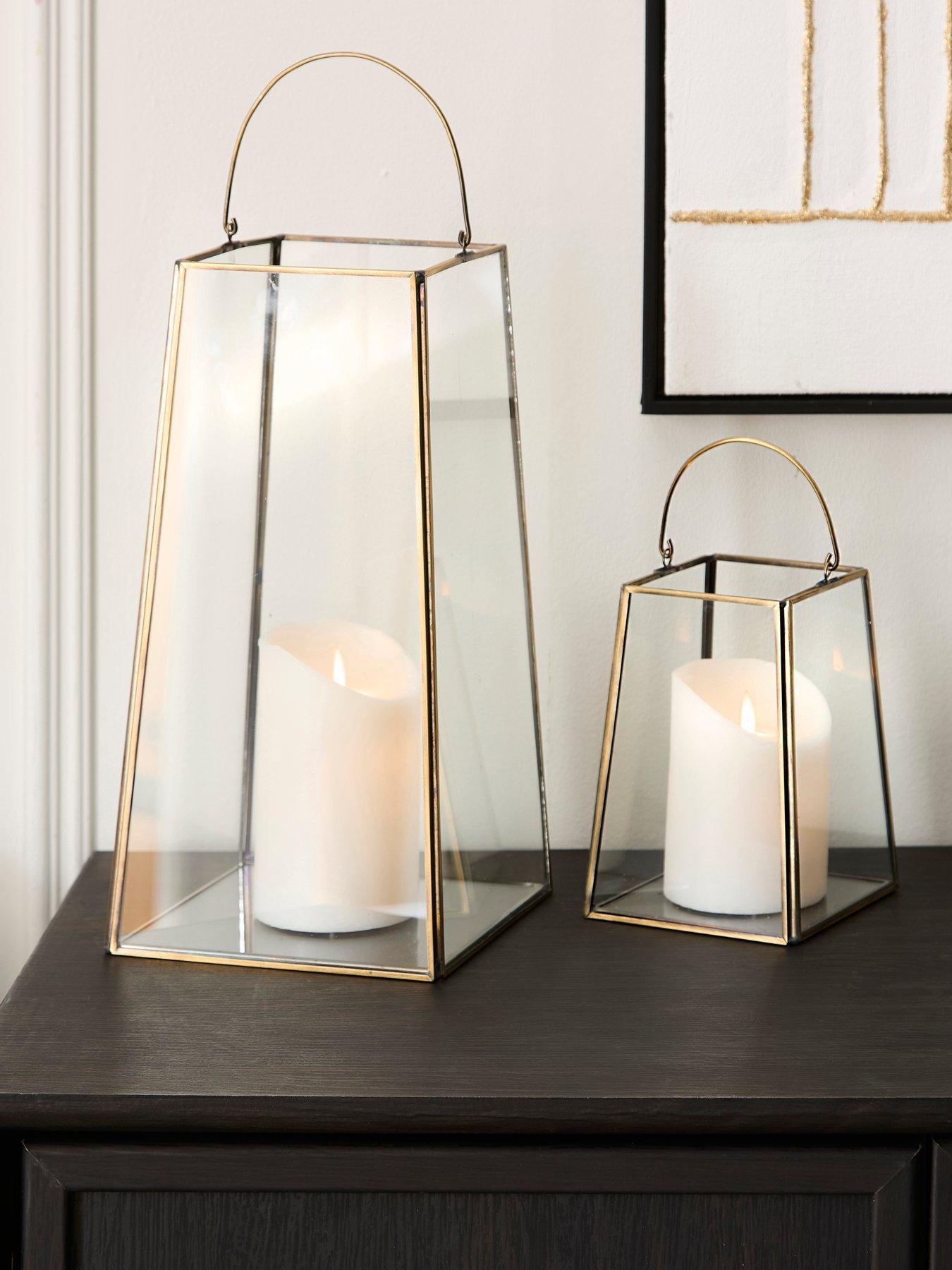 undefined Set of 2 Glass Lanterns with Brass Frame
