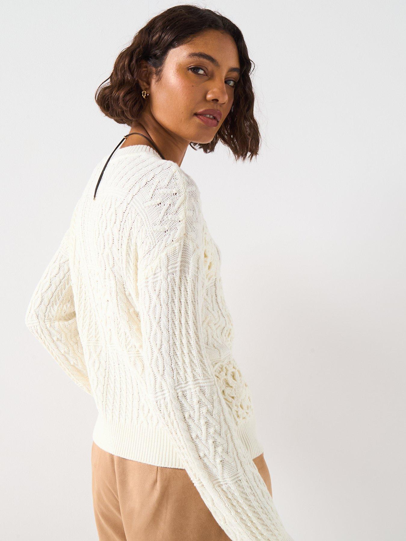  image of v-by-very-crochet-long-sleeve-jumper-cream