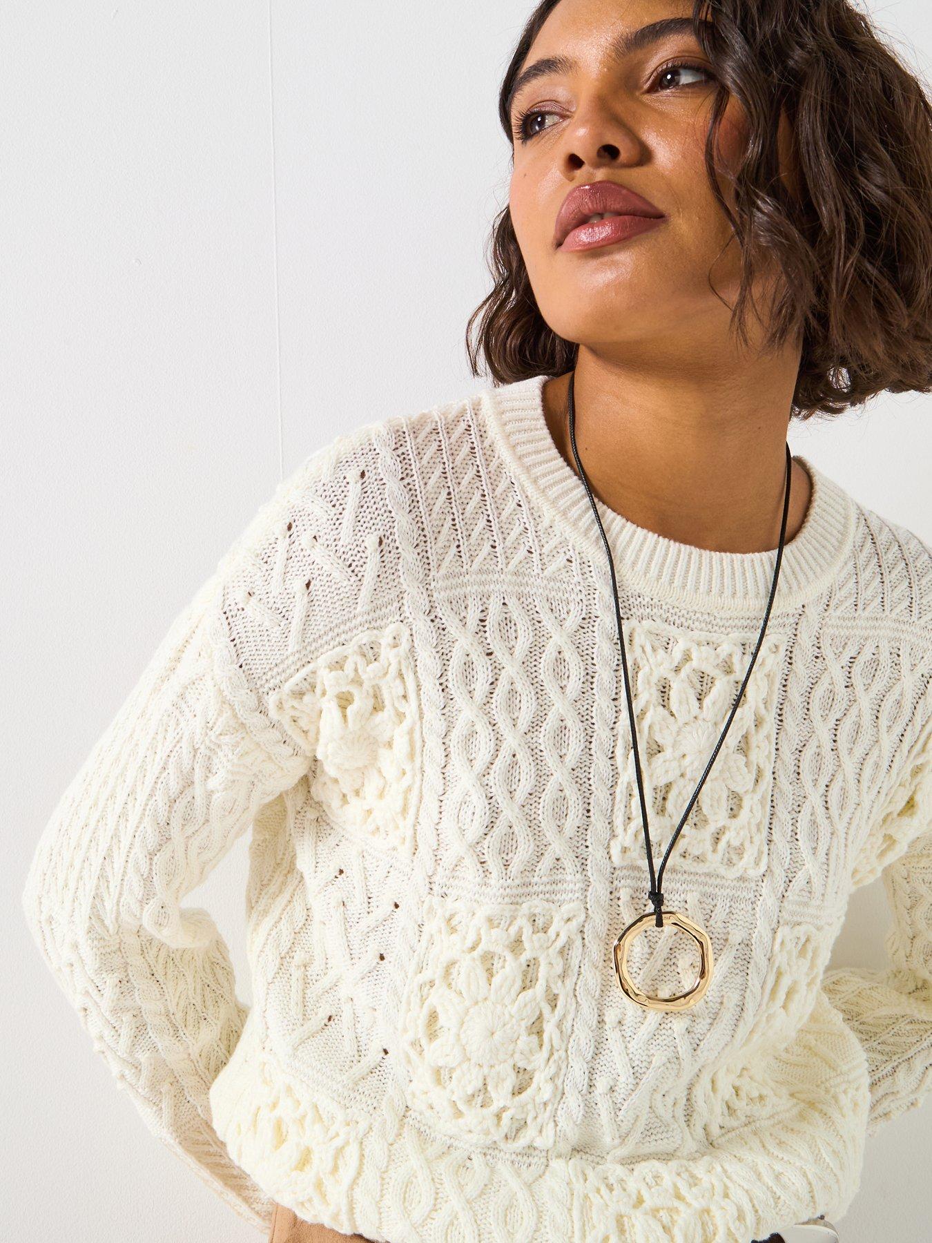  image of v-by-very-crochet-long-sleeve-jumper-cream