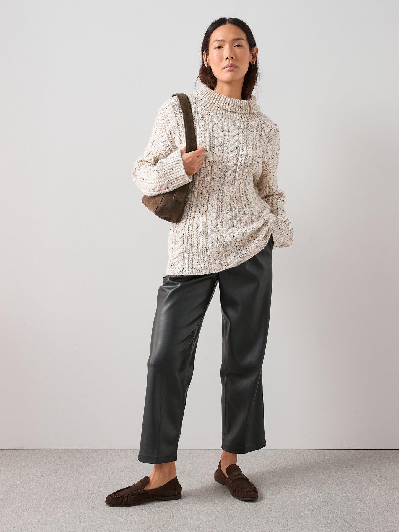  image of the-very-collection-funnel-neck-cable-knit-jumper-with-wool-beige