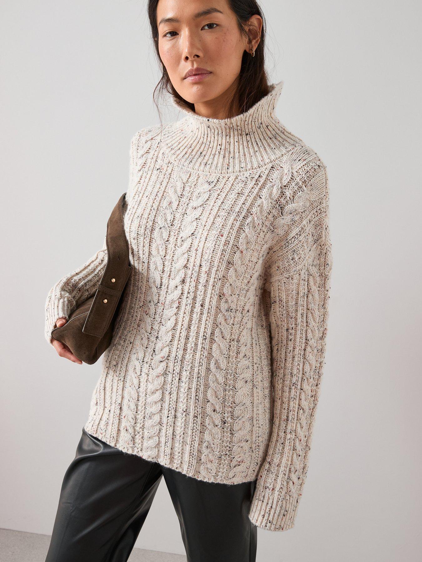  image of the-very-collection-funnel-neck-cable-knit-jumper-with-wool-beige