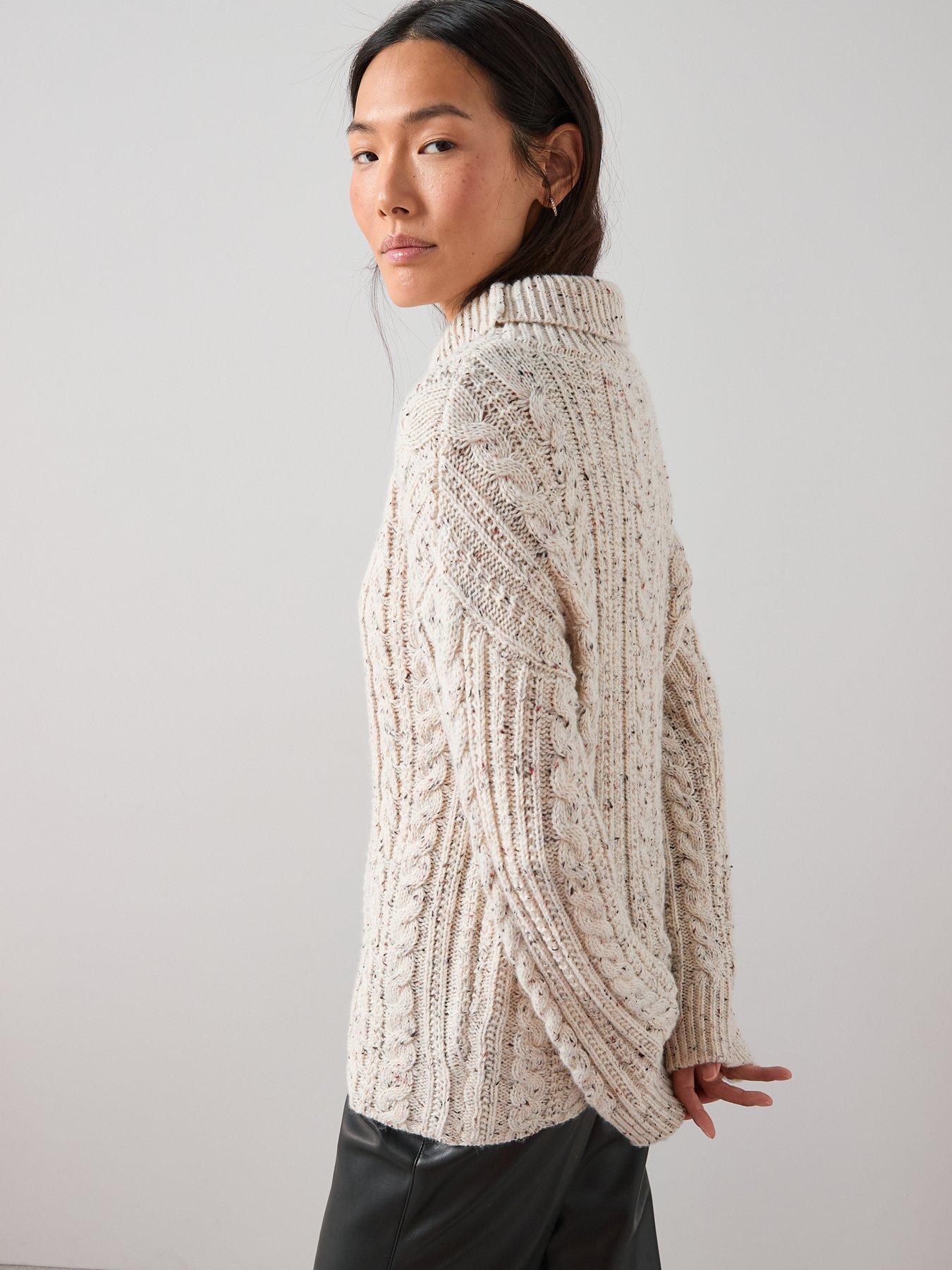  image of the-very-collection-funnel-neck-cable-knit-jumper-with-wool-beige