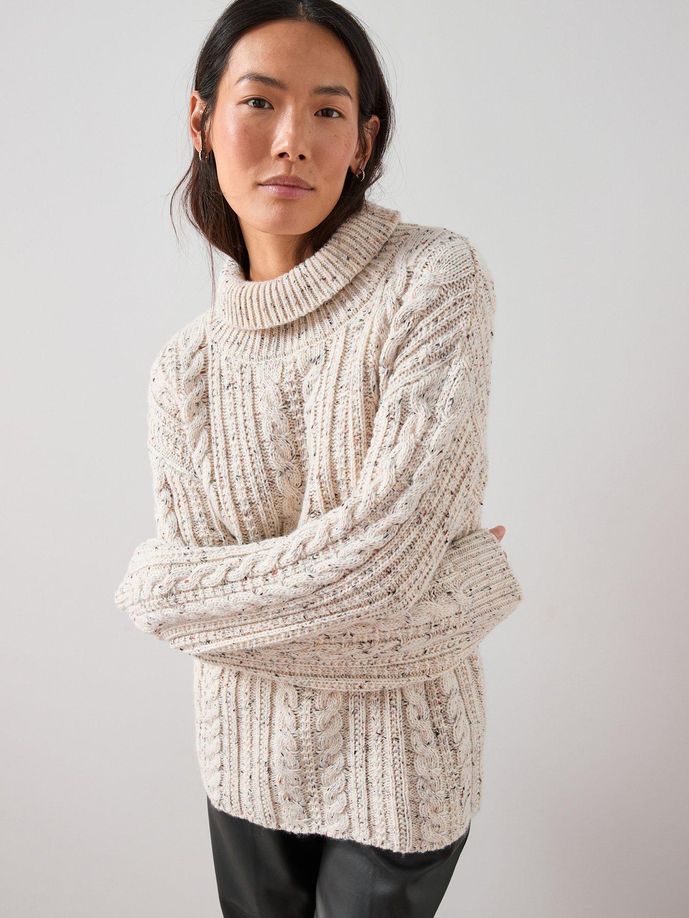  image of the-very-collection-funnel-neck-cable-knit-jumper-with-wool-beige