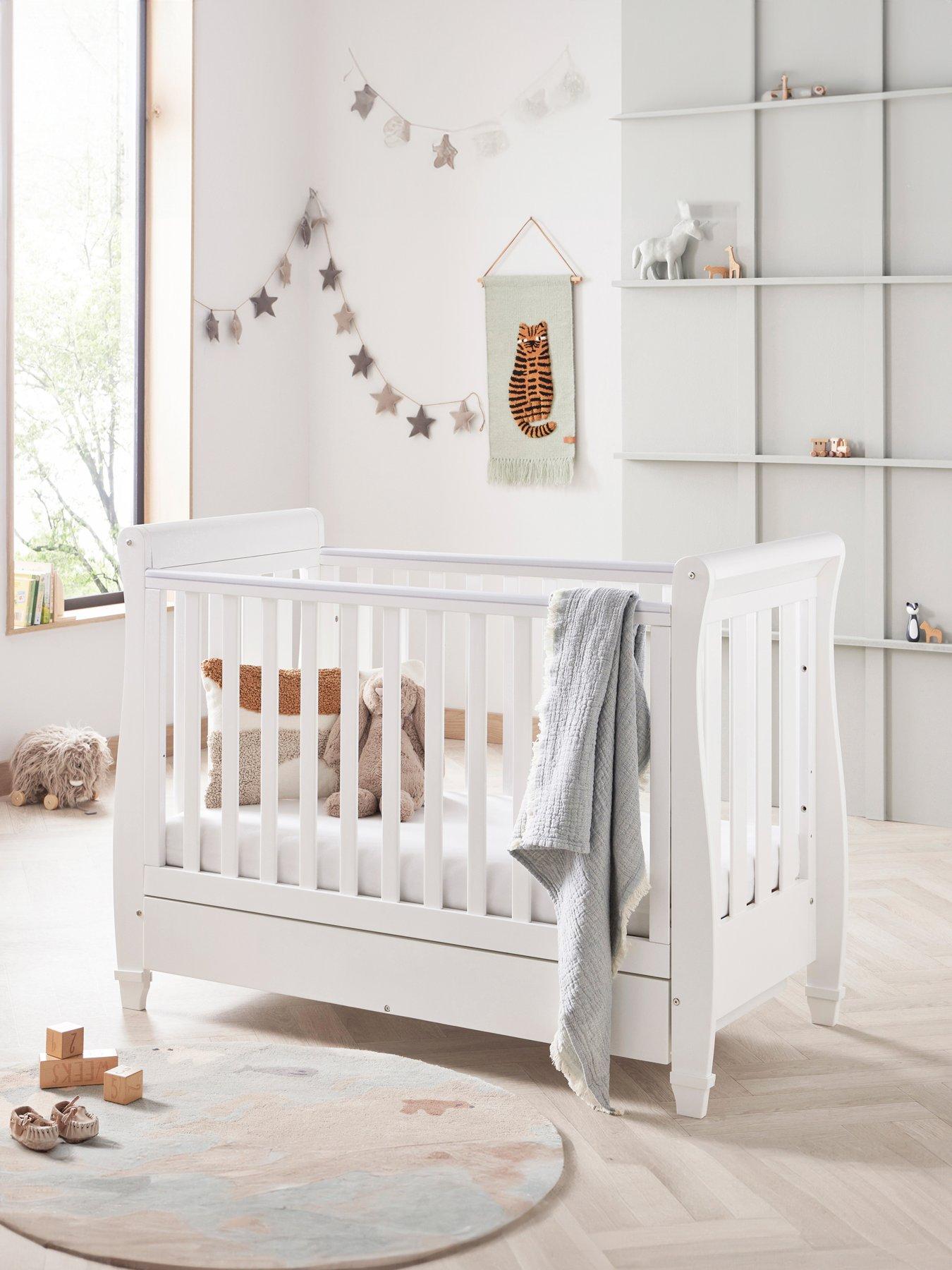 Babymore Eva Sleigh Cot Bed Dropside with Drawer - White