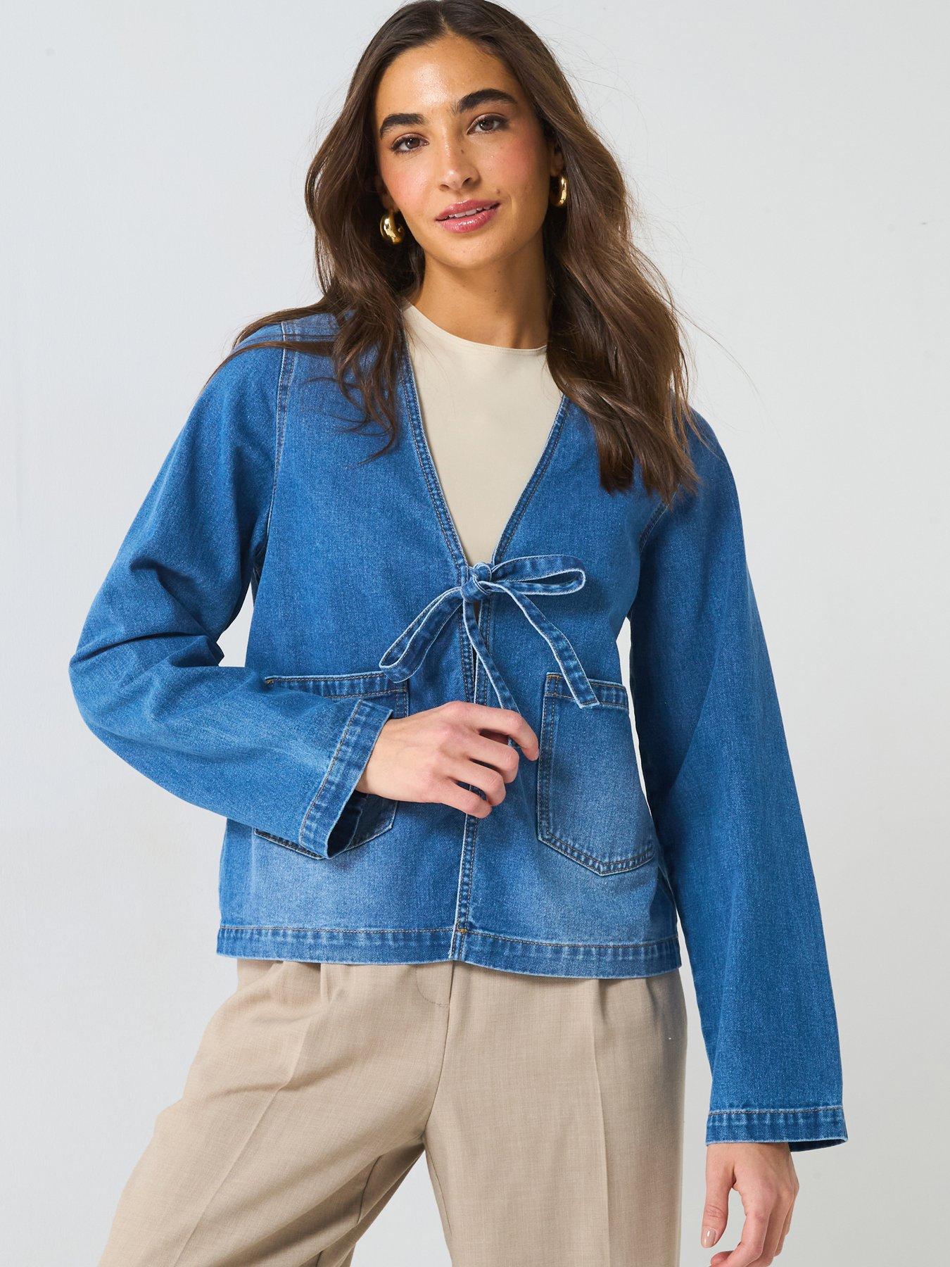 front image of only-tie-detail-denim-jacket-blue