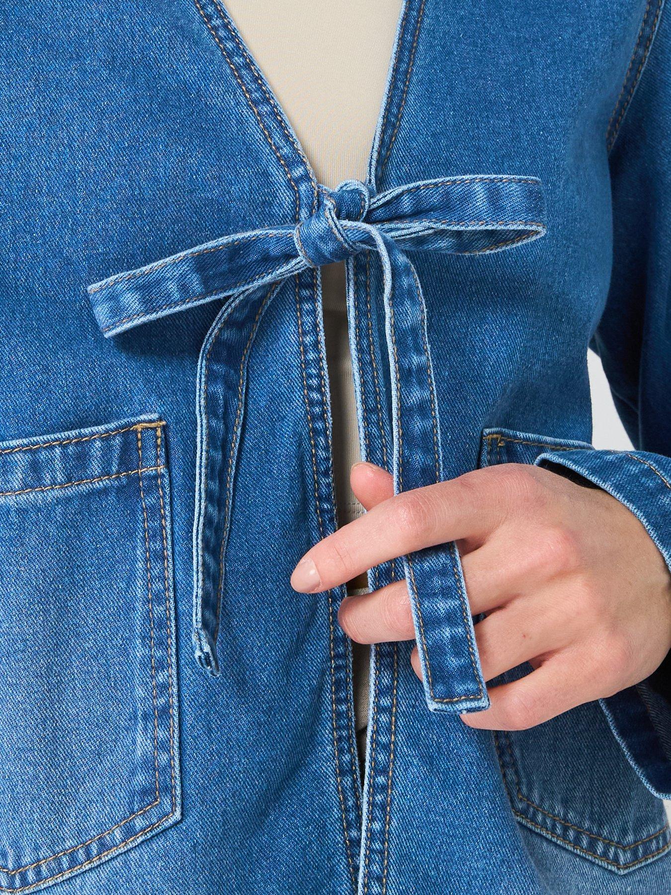  image of only-tie-detail-denim-jacket-blue