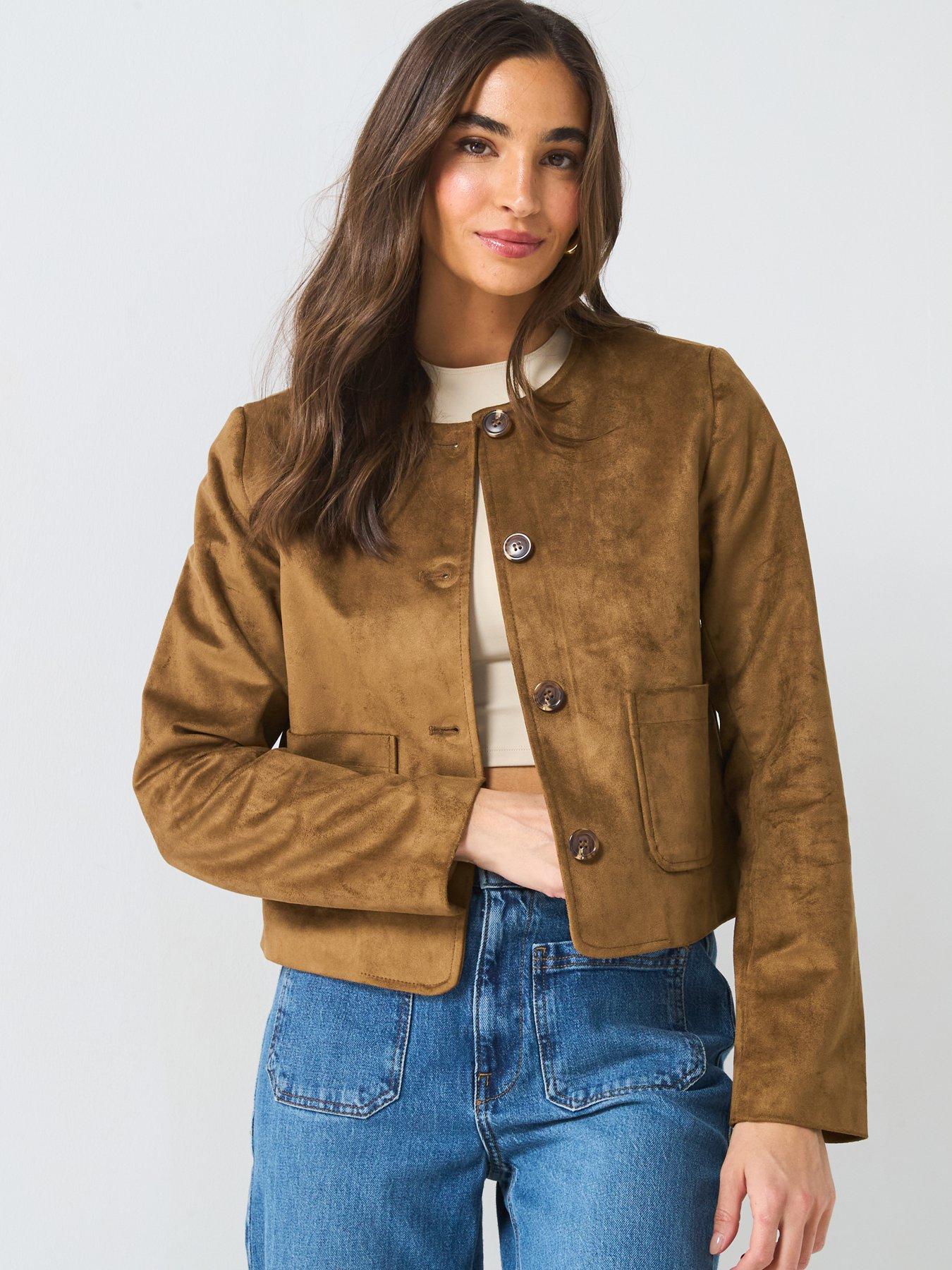 undefined Faux Suede Button Jacket - Brown