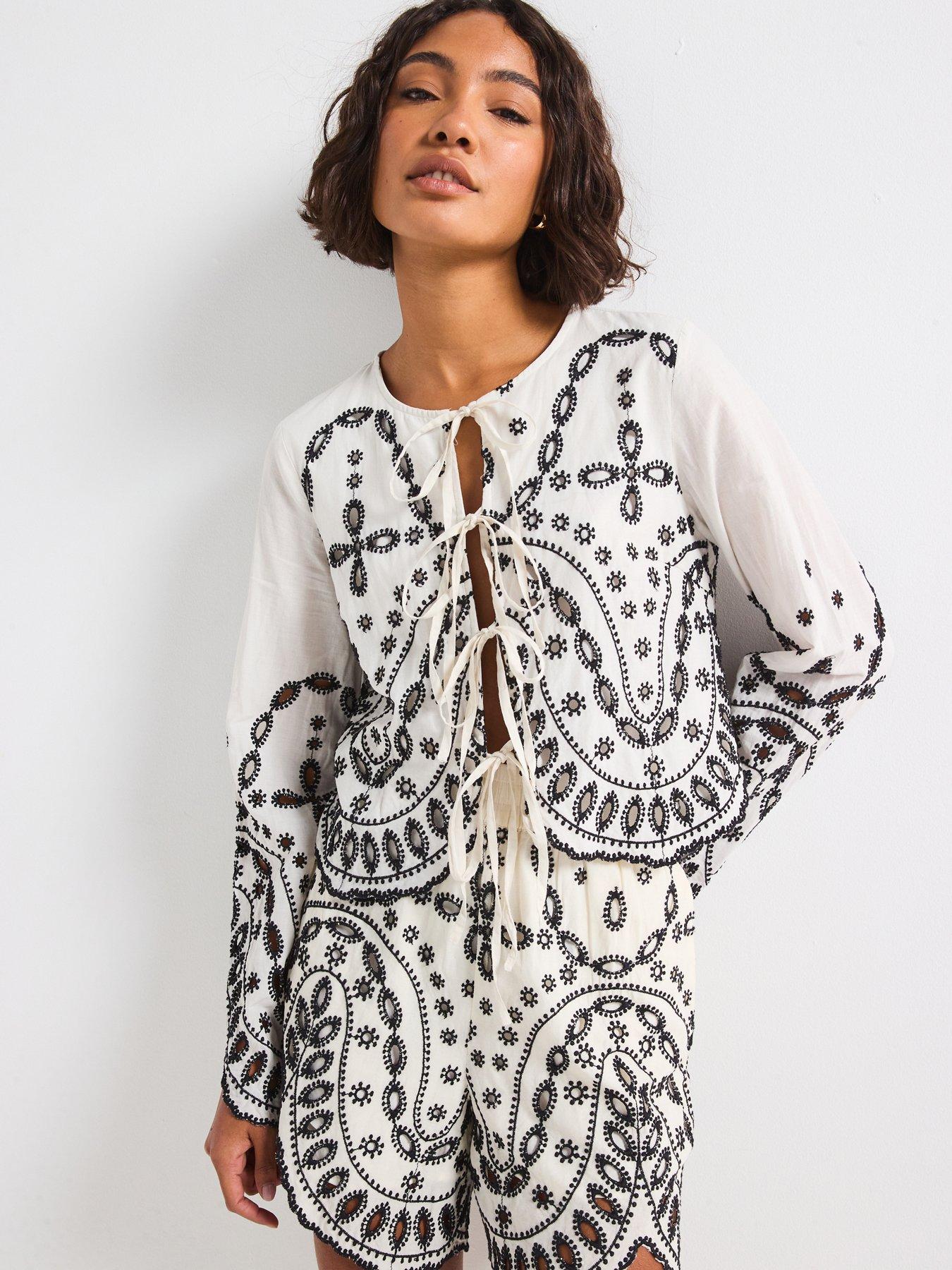 Rouge Broderie Tie Front Top - White/Black