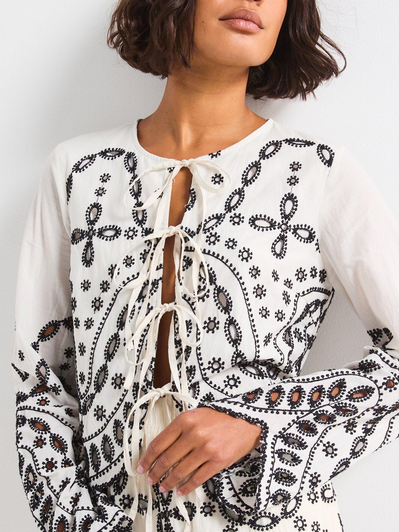 Rouge Broderie Tie Front Top - White/Black | Littlewoods