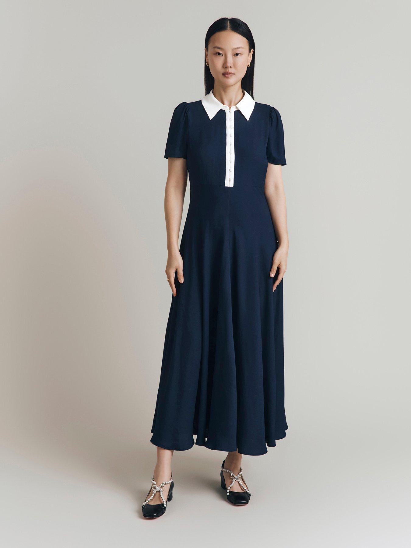 undefined Bethan Satin Contrast Collar Midi Dress - Navy